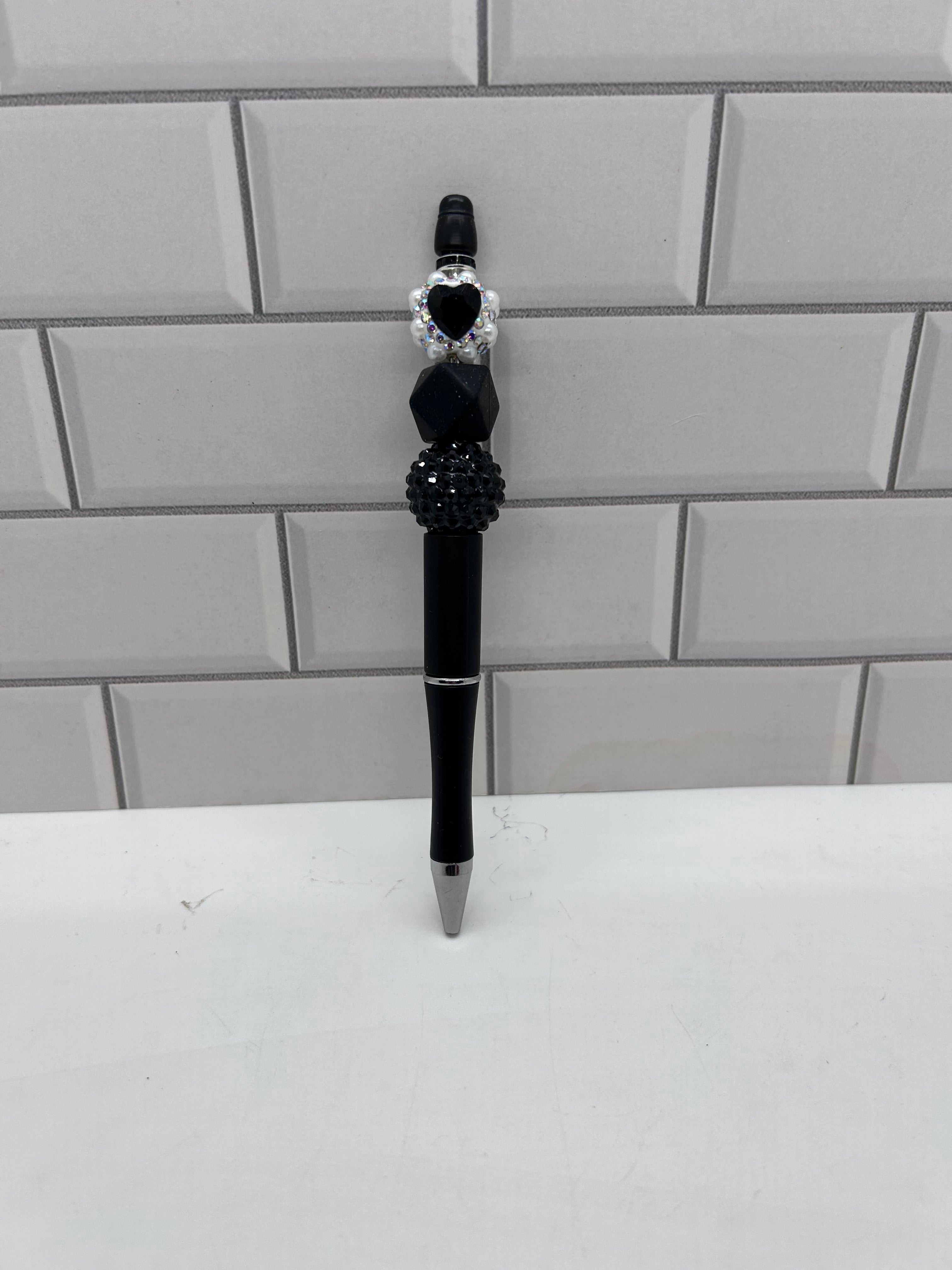 Beaded Ballpoint Pen-Black with Acrylic & Silicone Beads with Heart Focal