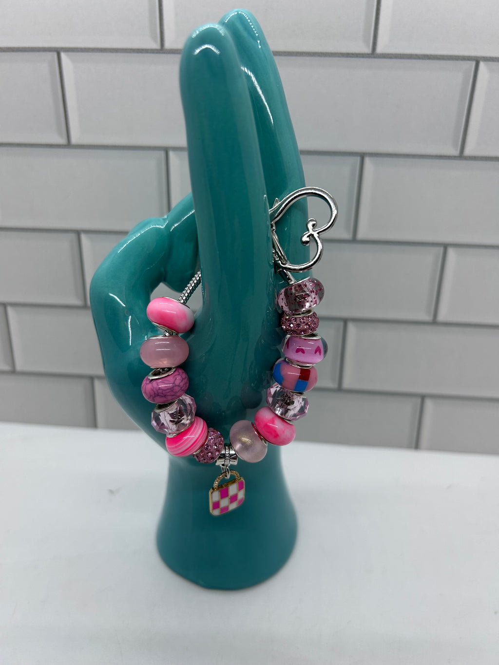 Beaded Silver Bag Charms-Pink Acrylic Beads with Pink Purse Charm