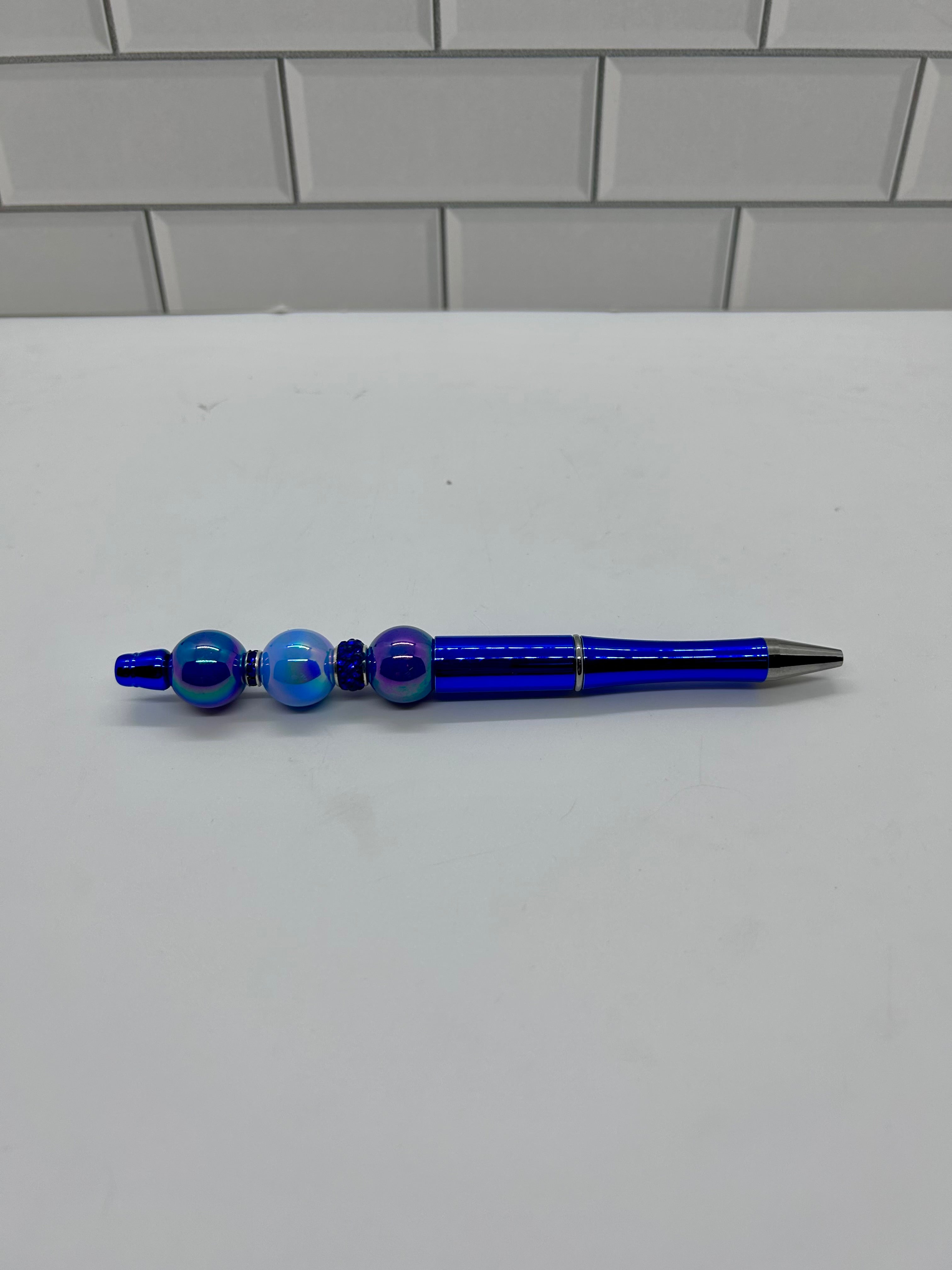 Stylos bille perlés-Acrylique bleu métallisé