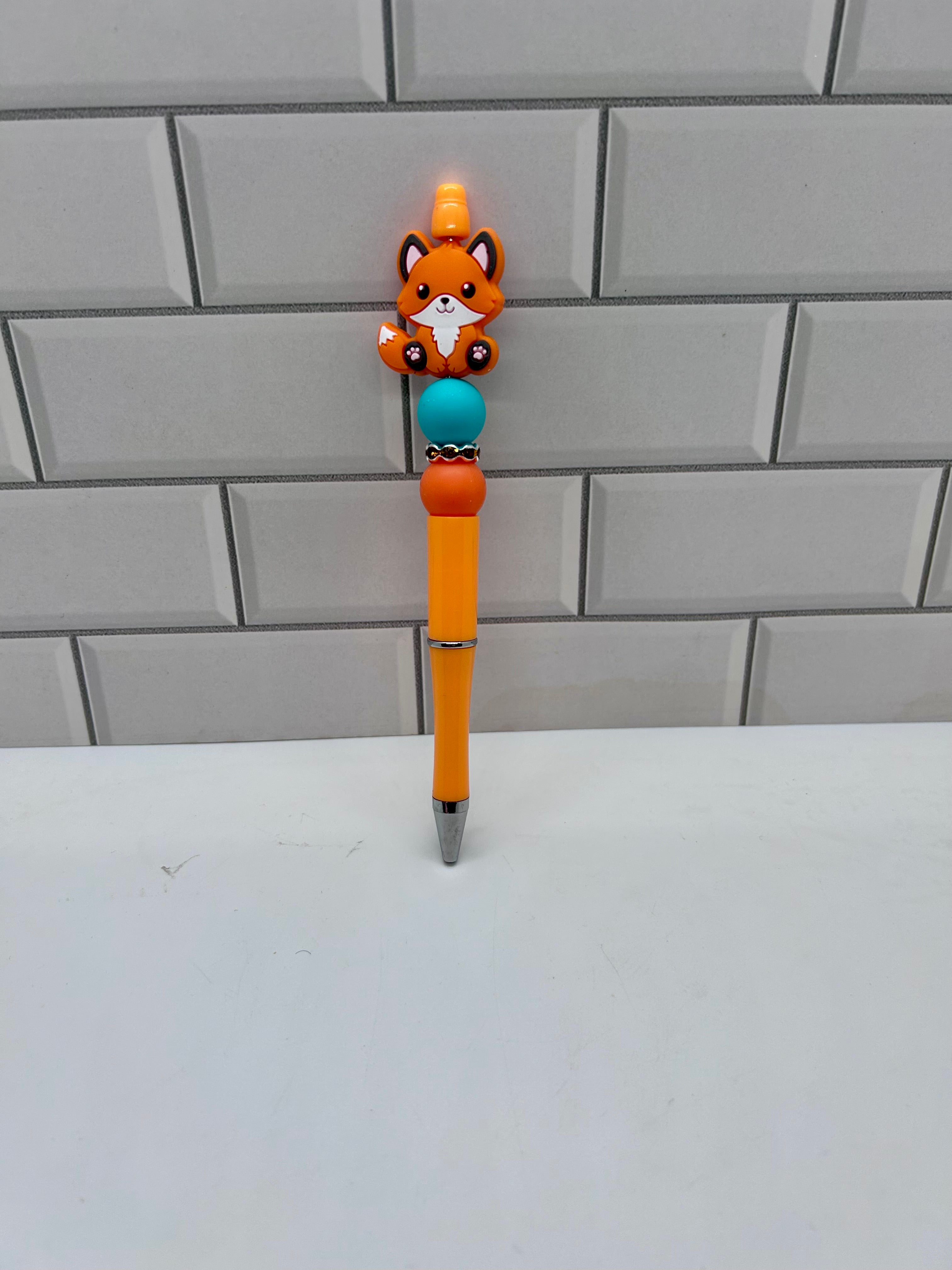 Beaded Ballpoint Pen- Orange Silicone with Fox Theme Focal