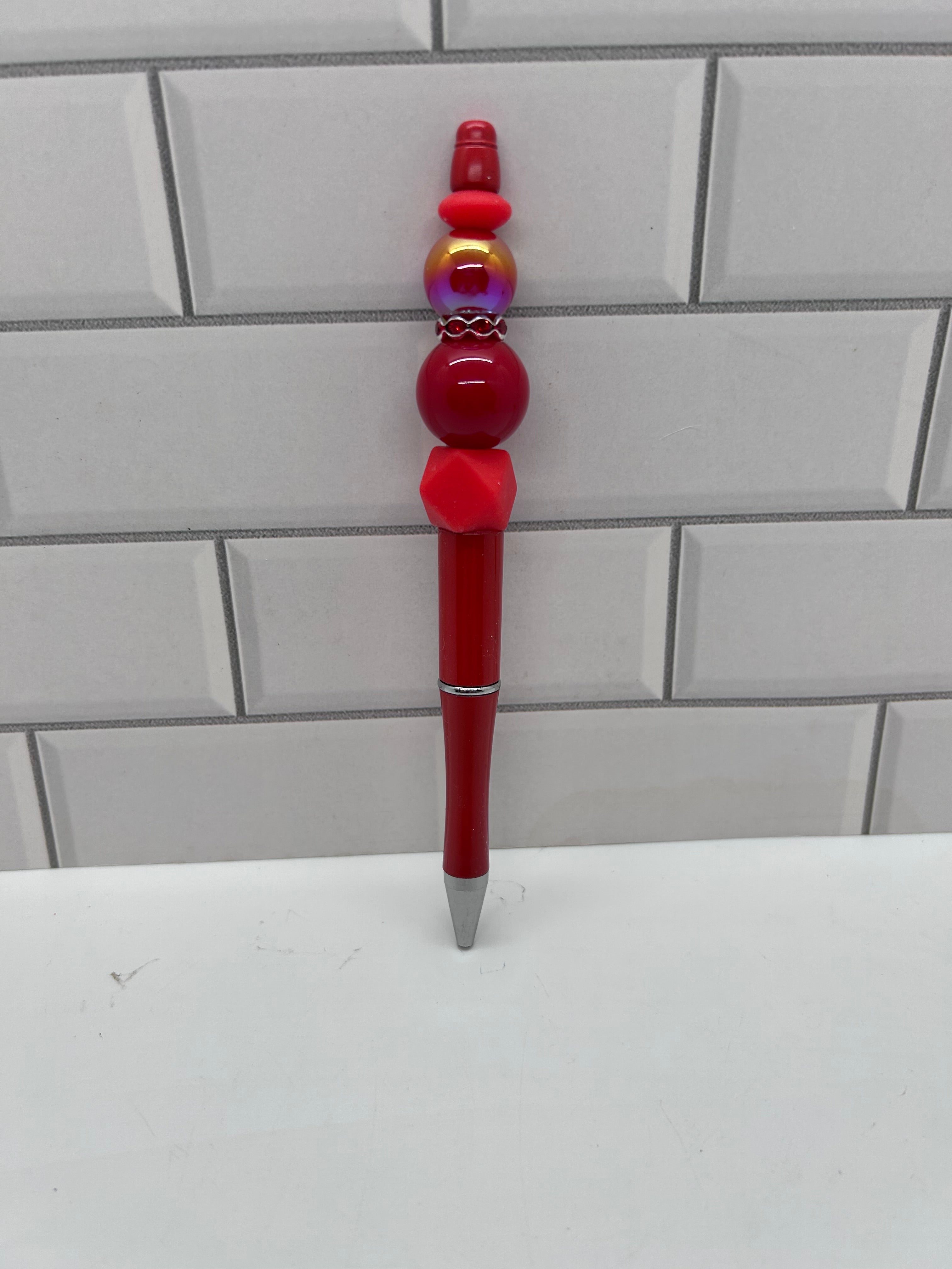 Beaded Ballpoint Pen-Christmas Red with Acrylic & Silicone Beads