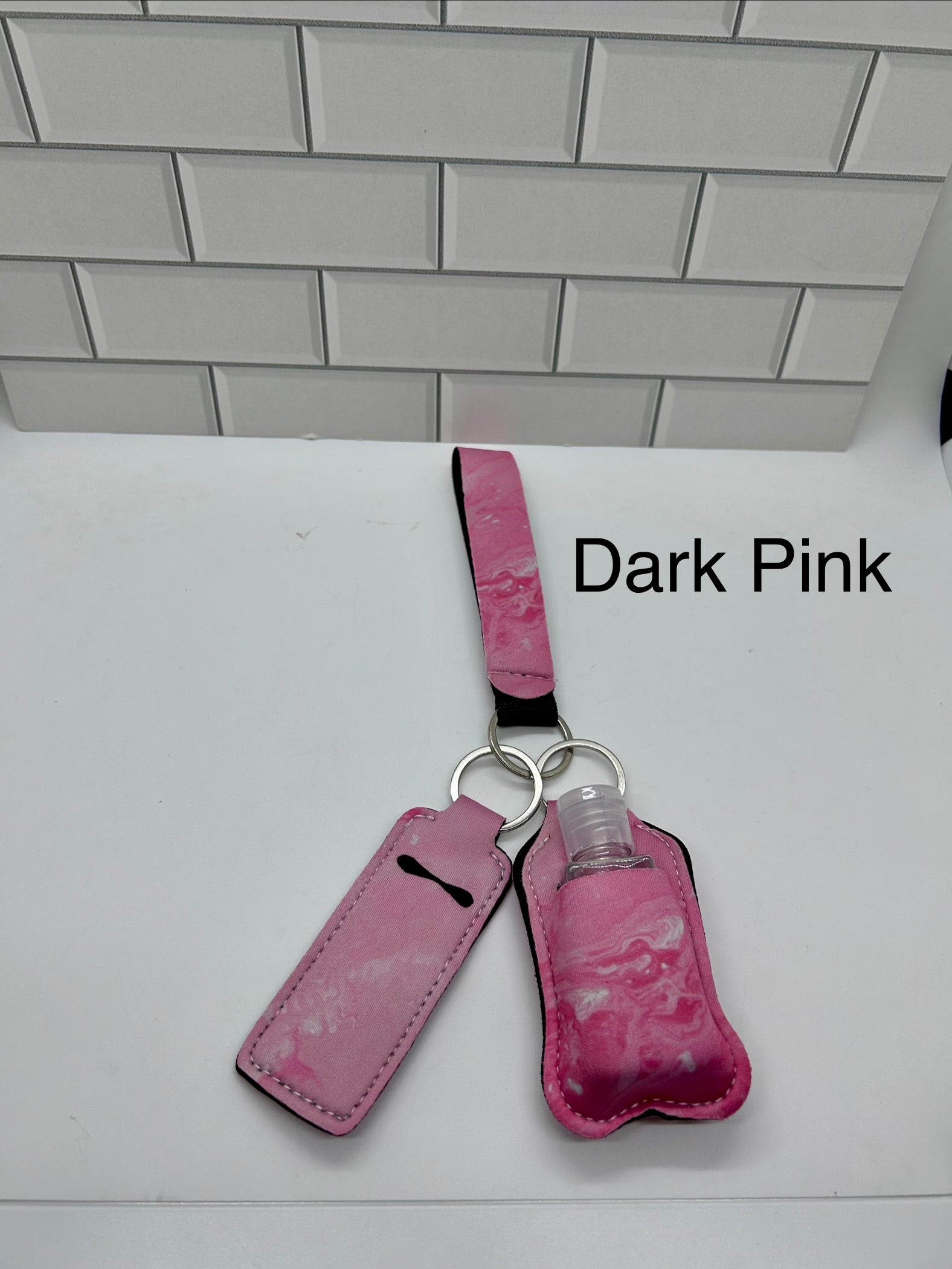 Neoprene Wristlet Keychain with Sanitizer Holder, Empty Bottle and Lip Balm Holder-Pink