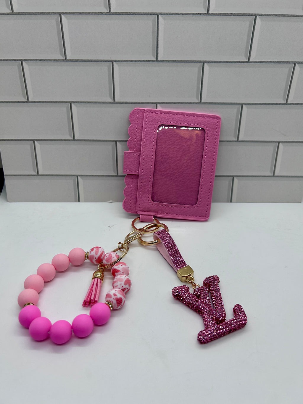 I.D. Wristlet Keychain Bundle-Pink with Pink LV Charm