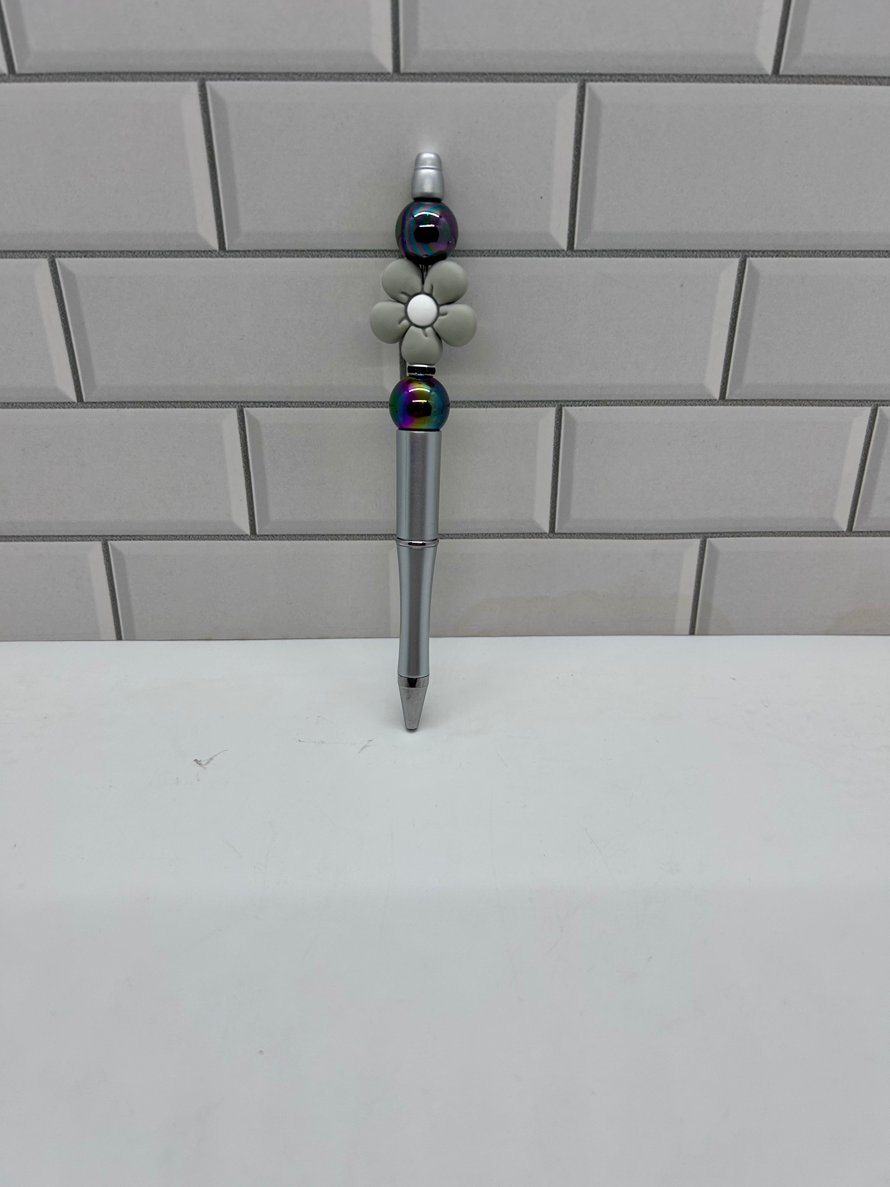 Beaded Ballpoint Pen- Gray Acrylic w/Flower Focal