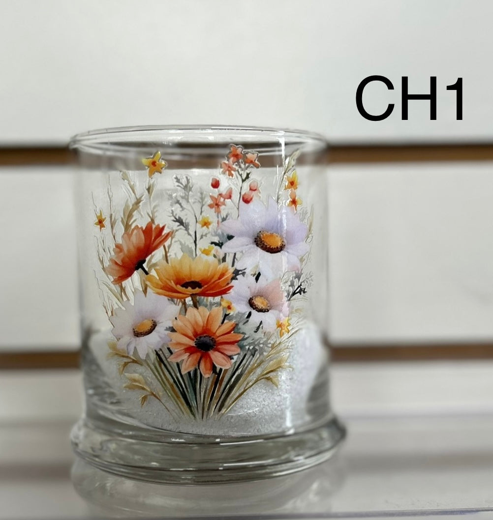 Photophore en verre-Personnalisé avec les sables blancs, des galets clairs ou des roches bleues, livré avec 2 bougies chauffe-plat