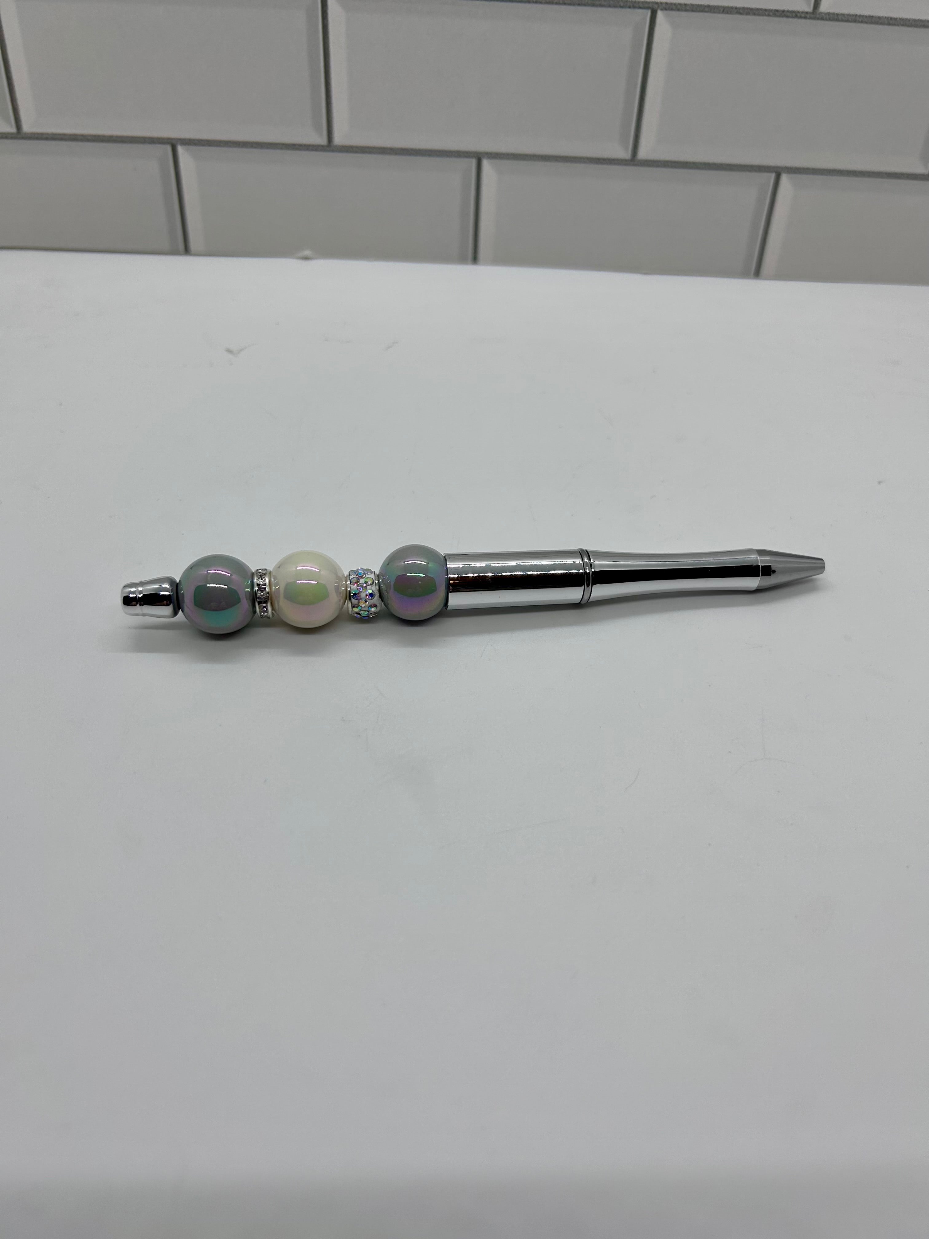 Beaded Ballpoint Pens-Metallic Silver Acrylic