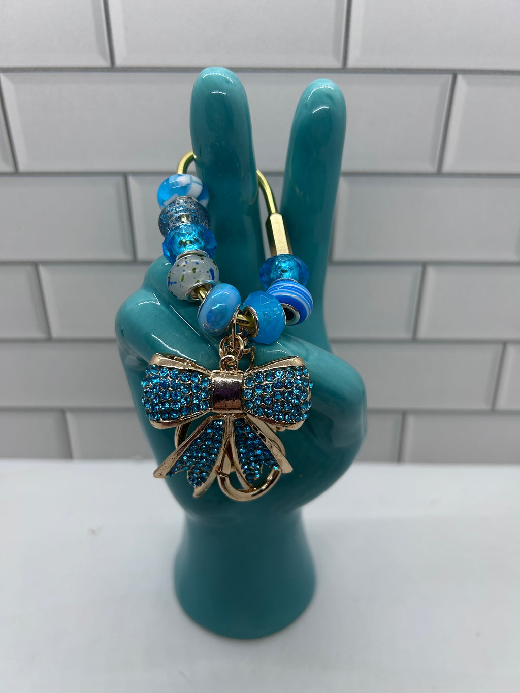 Gold Carabiner Beaded Bag Charms-Blue Acrylic Beads with Blue Rhinestone Bow Charm