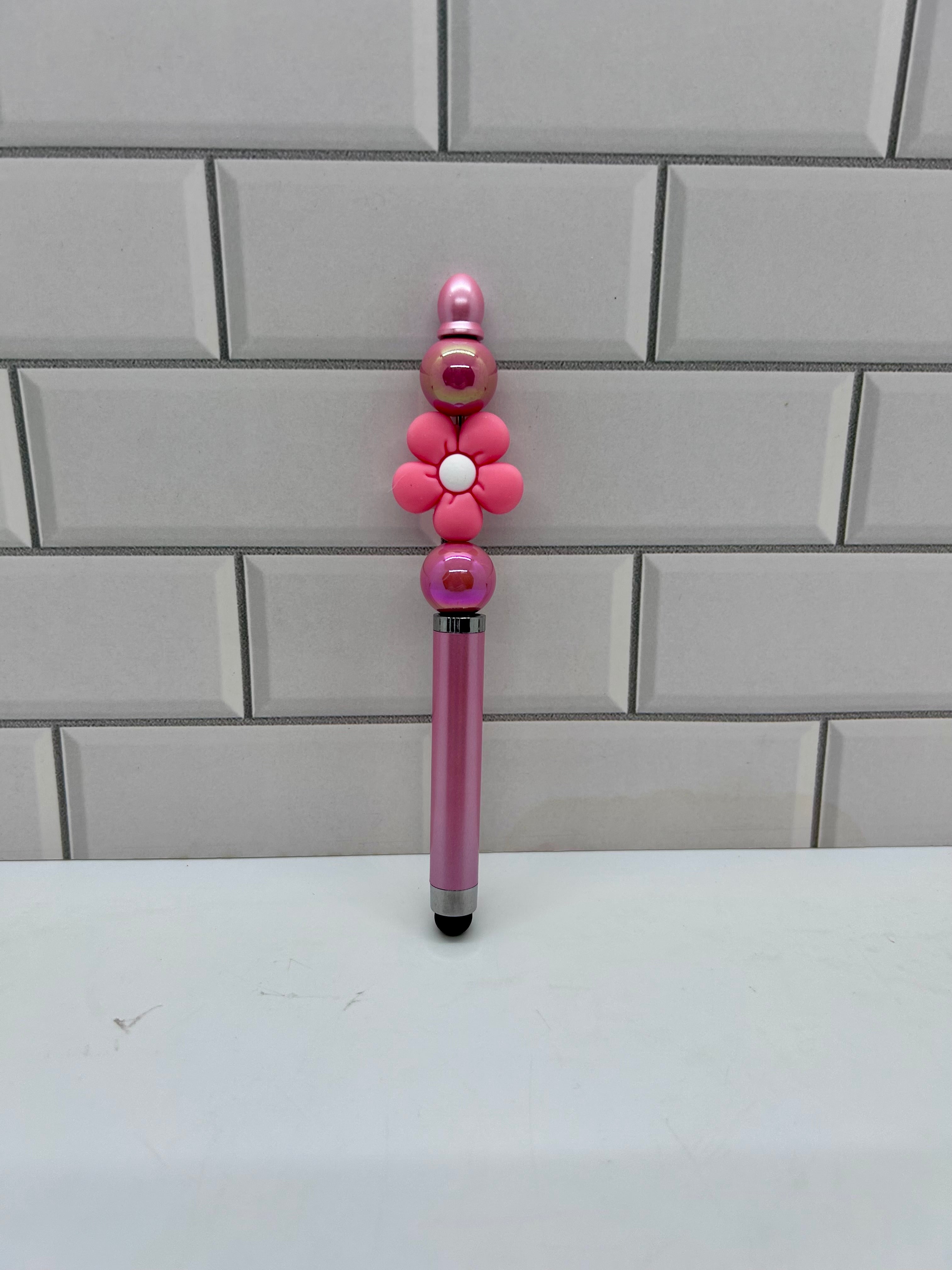 Stylet/Stylo à perles – Acrylique rose avec élément floral central