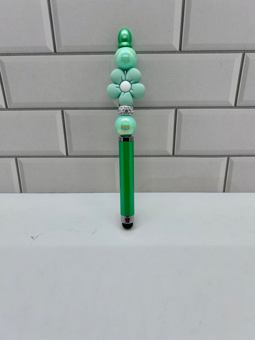 Beaded Stylus/Pen-Green Acrylic and Silicone with Floral Focal