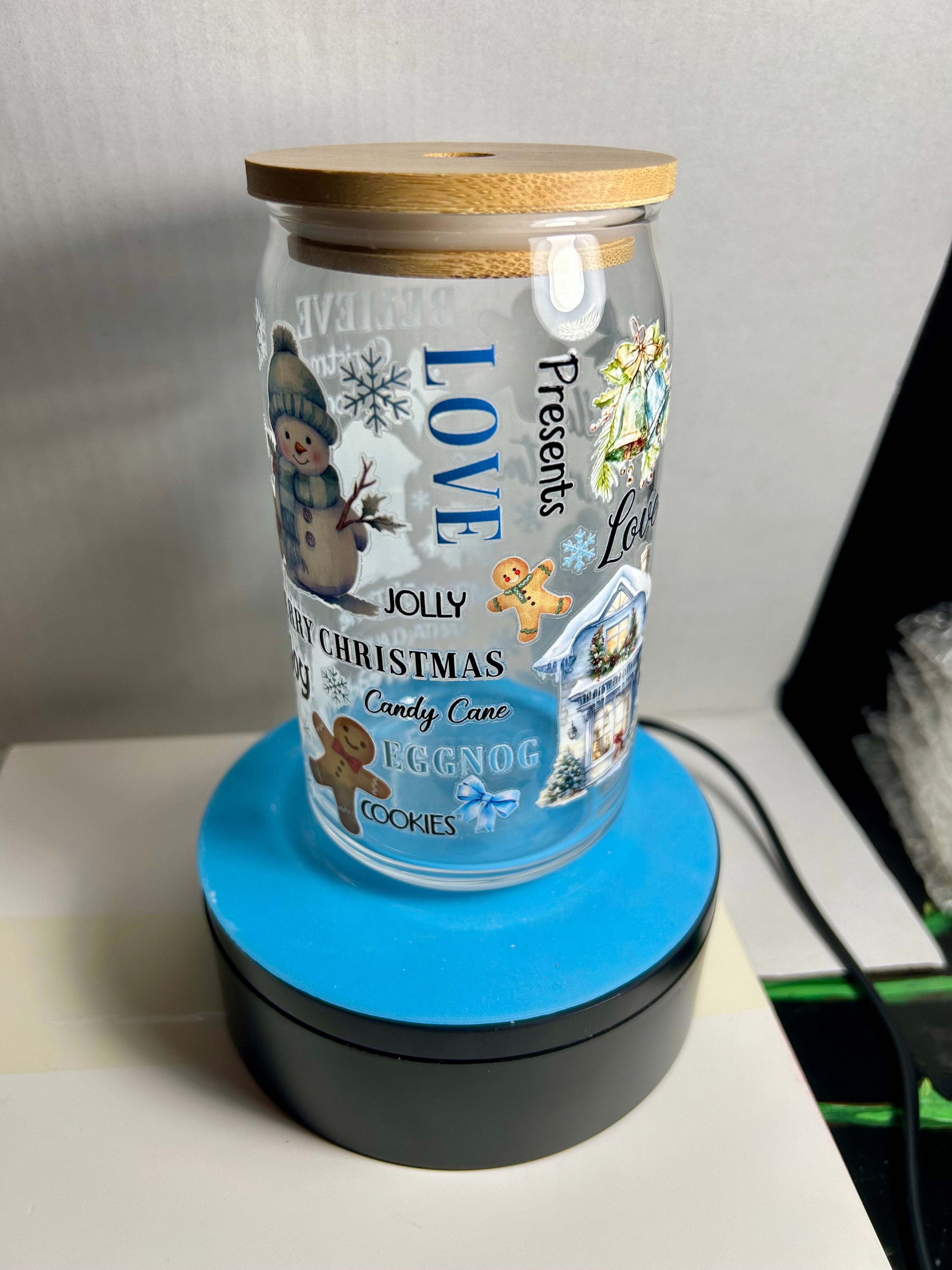 16 oz Glass Tumbler, Glass Straw featuring a Beautiful Christmas Design