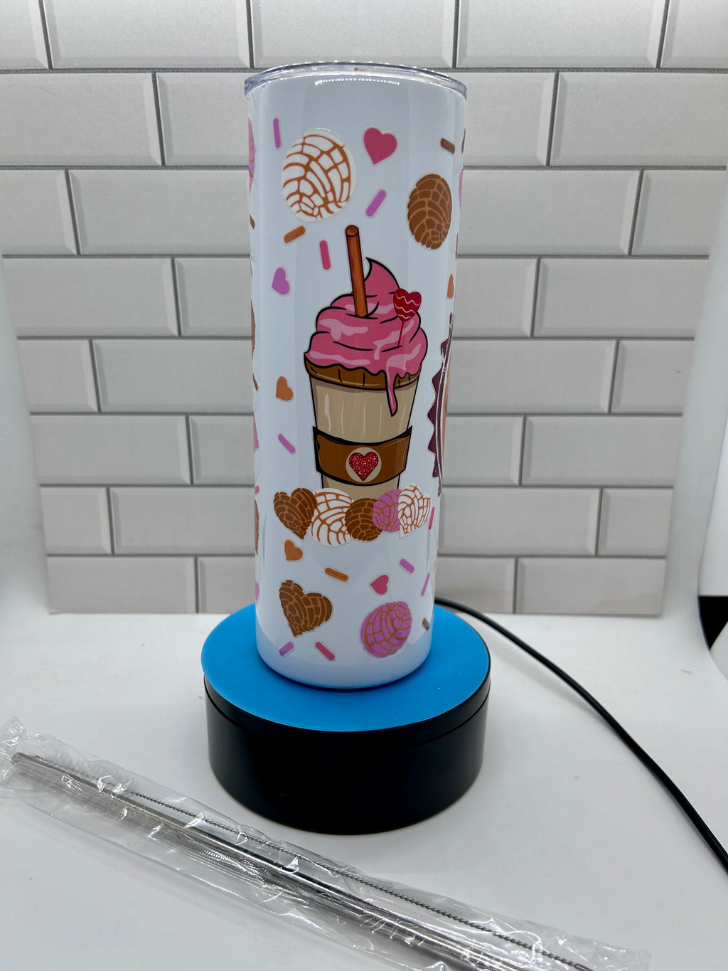 20 ounce Skinny Metal Tumbler With Metal Straw Featuring A Beautiful Coffee Theme Design