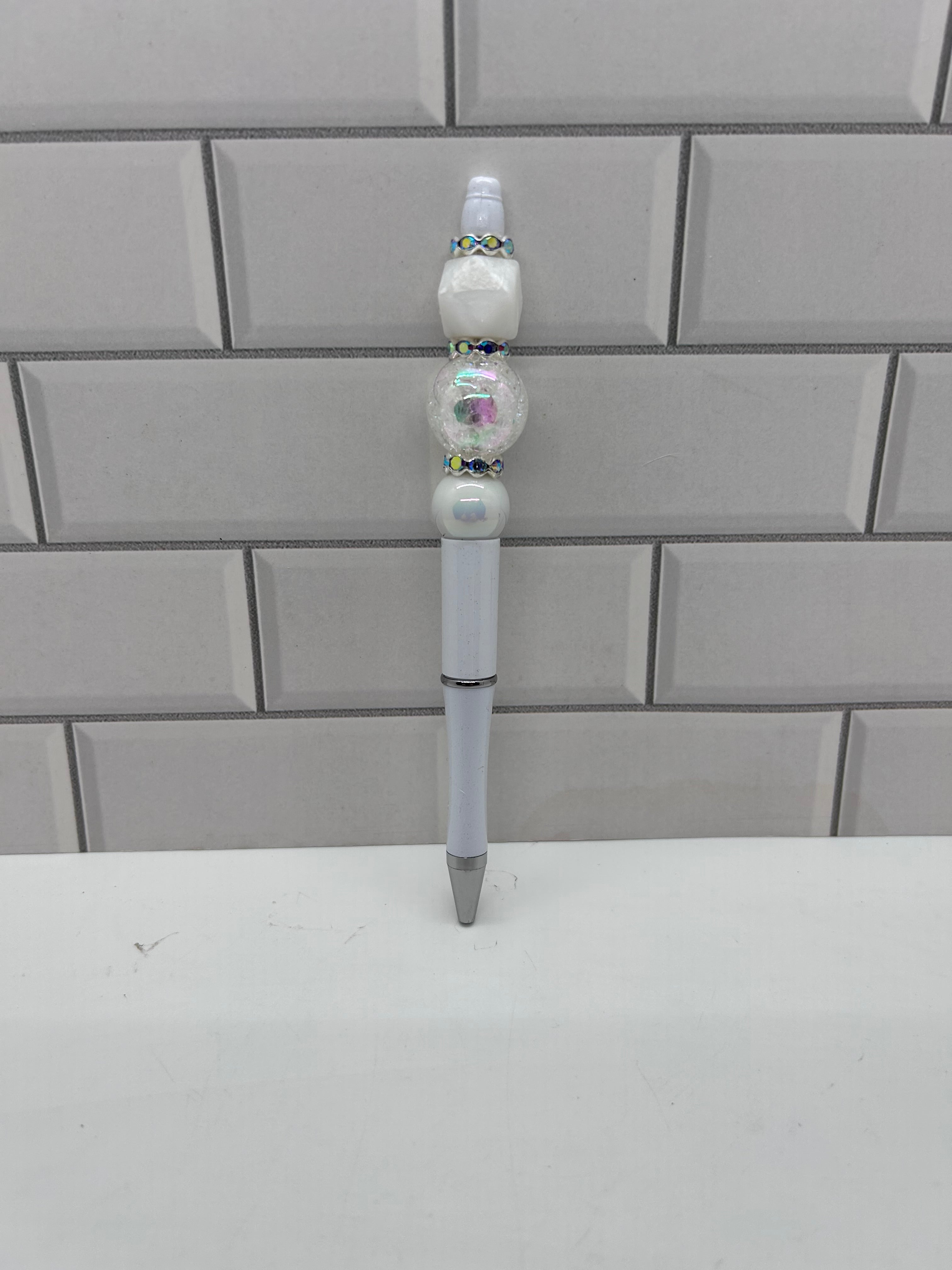 Beaded Ballpoint Pen-White with Acrylic & Silicone Beads