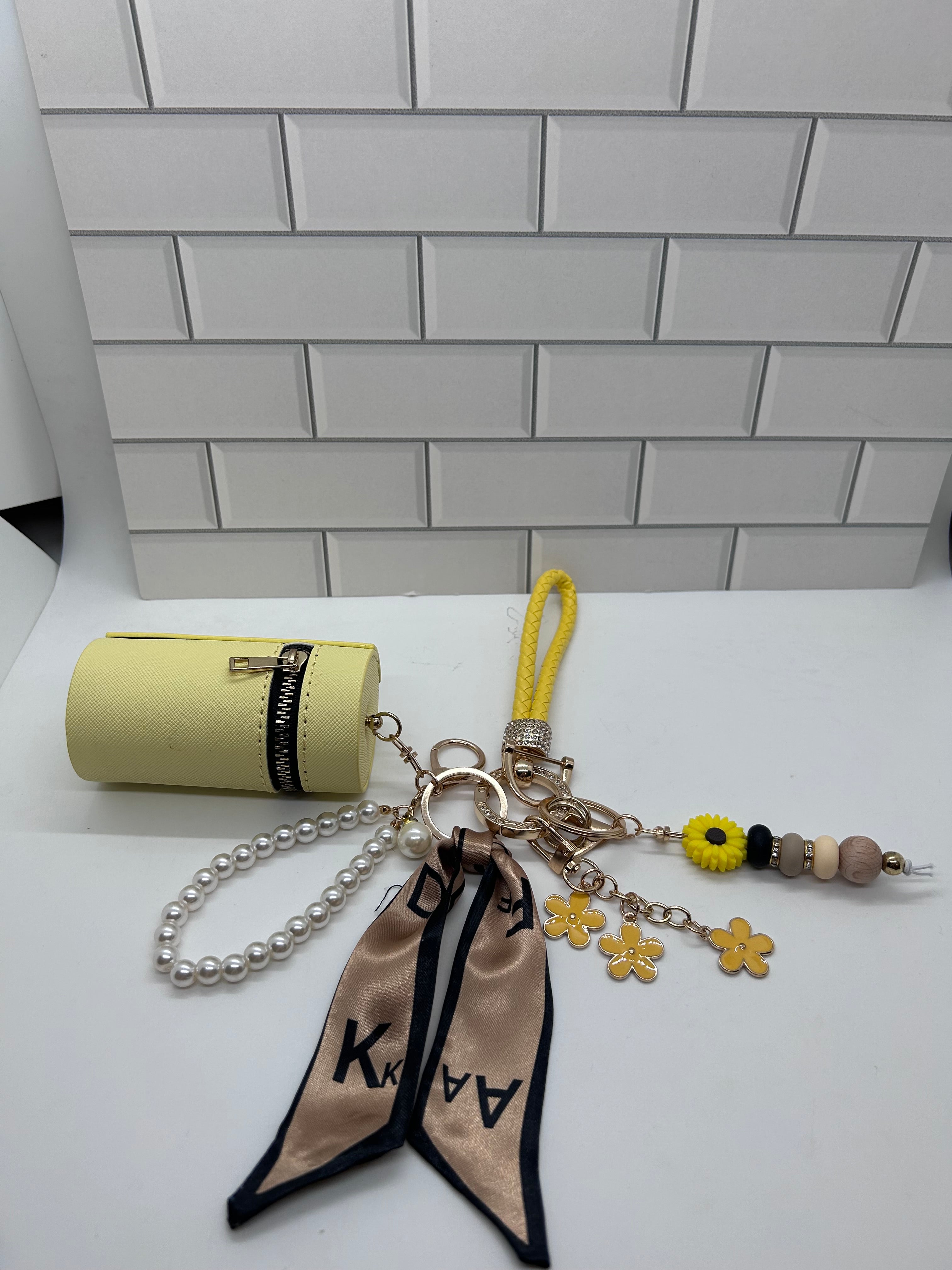 Yellow Wristlet Keychain Bundles-Yellow Cylindrical Bag, Yellow Charms, Sunflower Charm