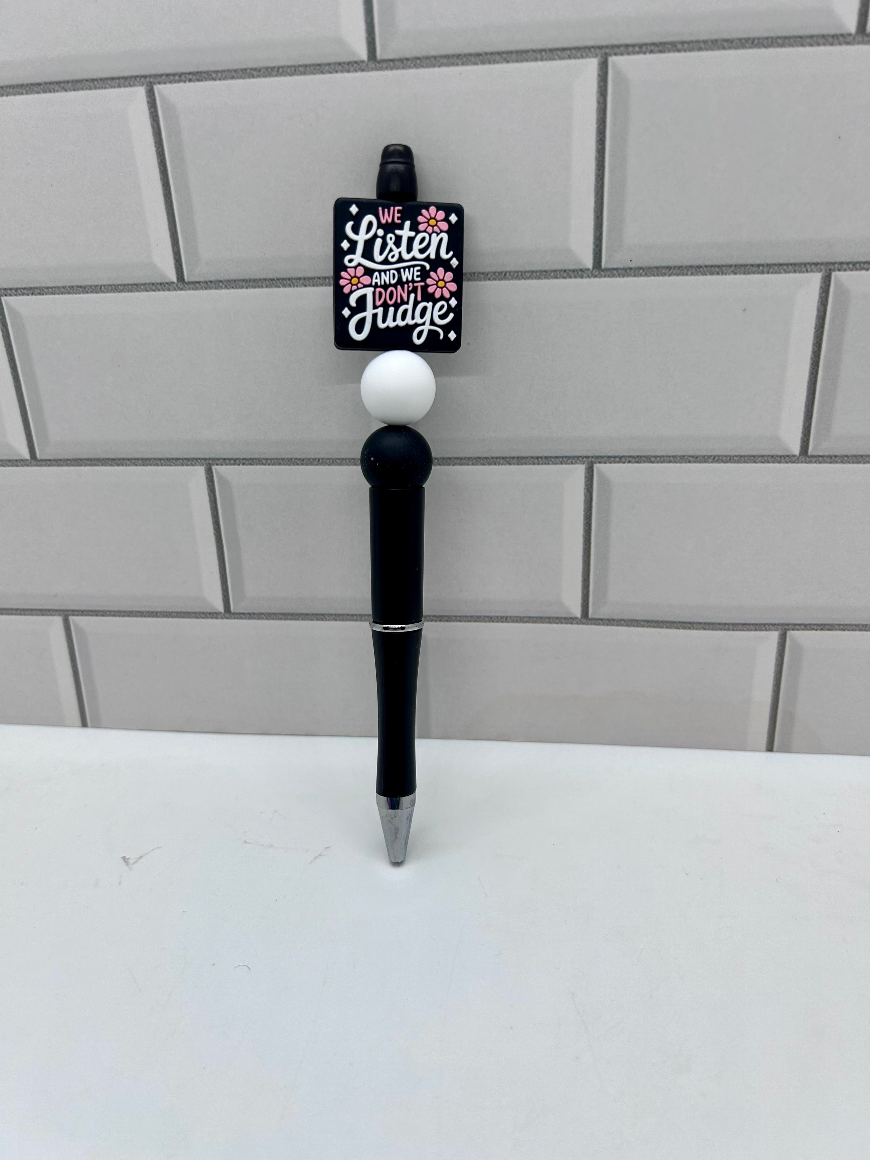 Beaded Ballpoint Pen-Black Silicone with Don’t Judge Theme Focal