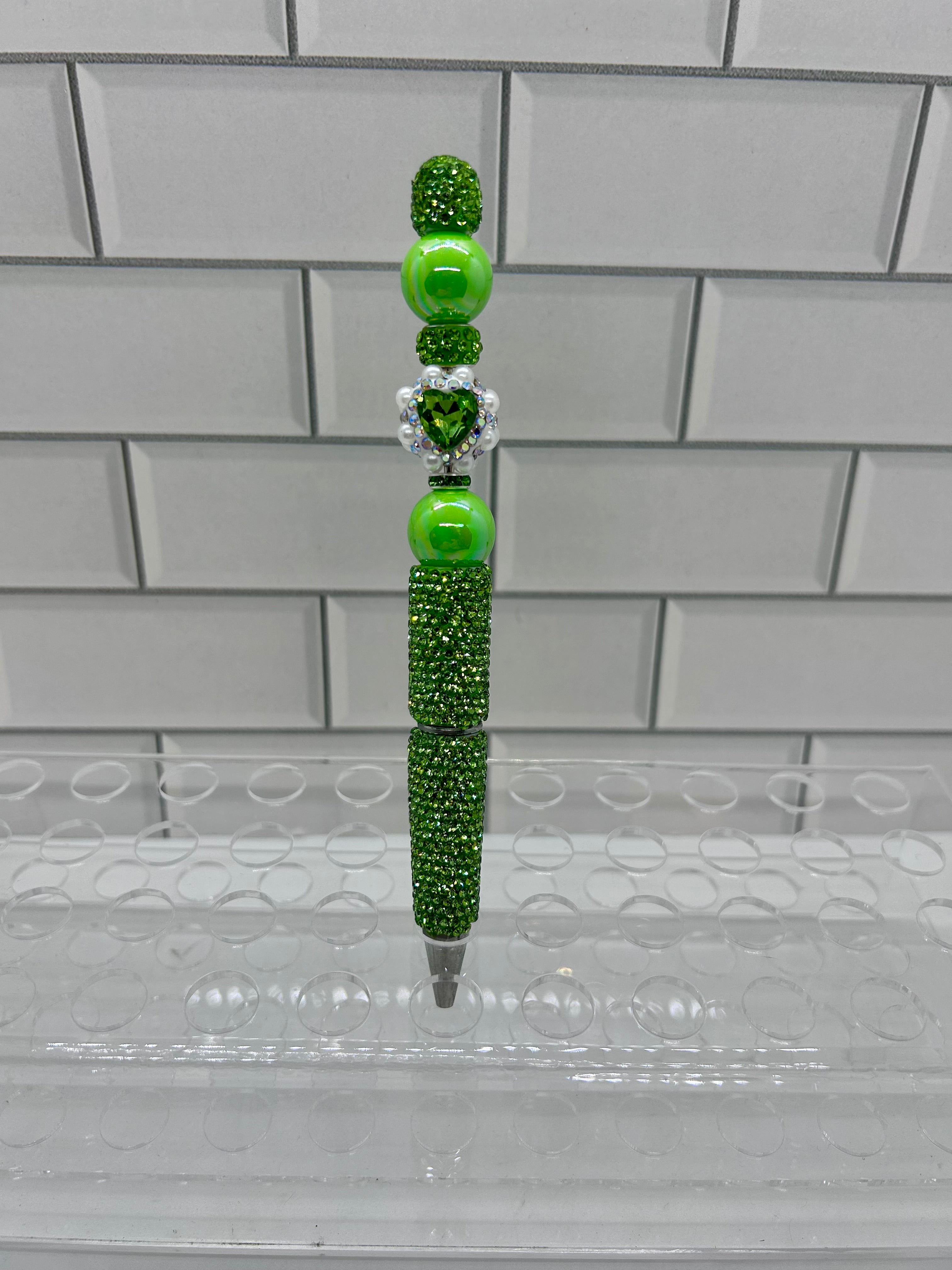 Rhinestone Beaded Ballpoint Pen w/Focal-Green