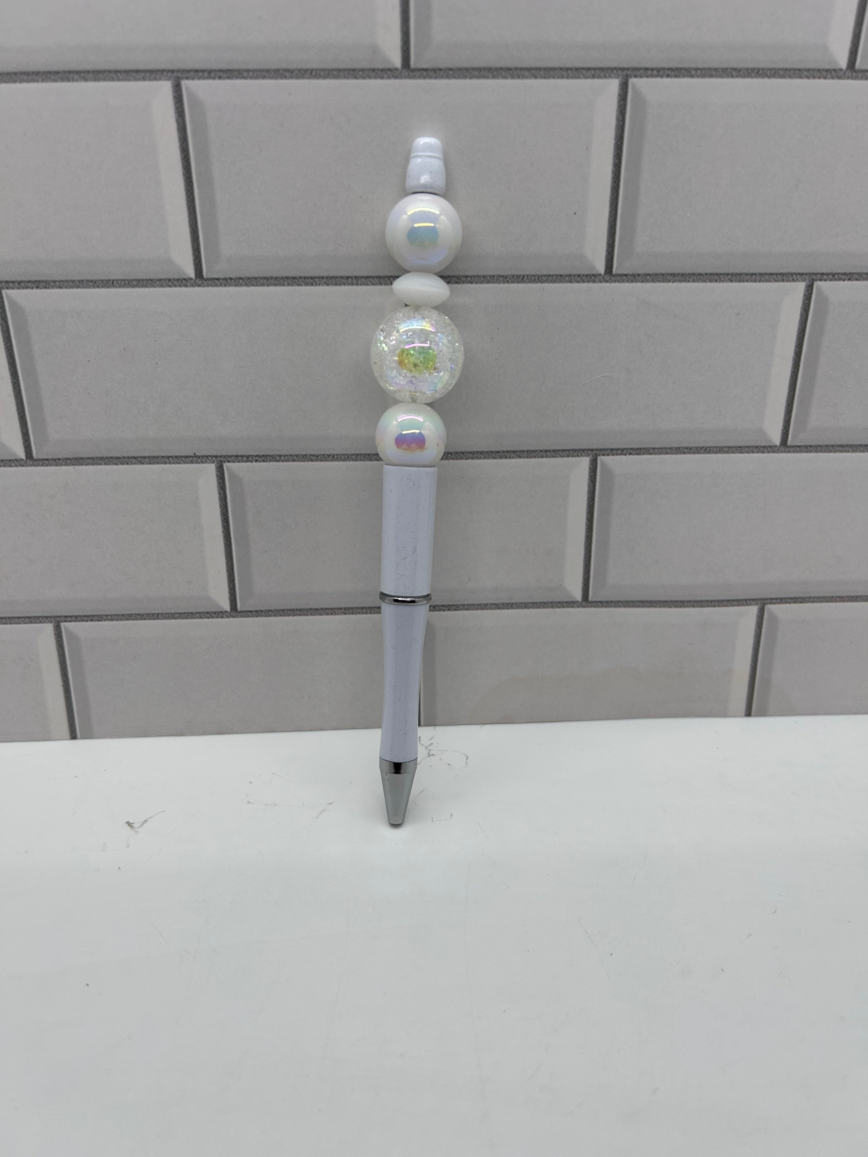 Beaded Ballpoint Pen-White with Acrylic & Silicone Beads