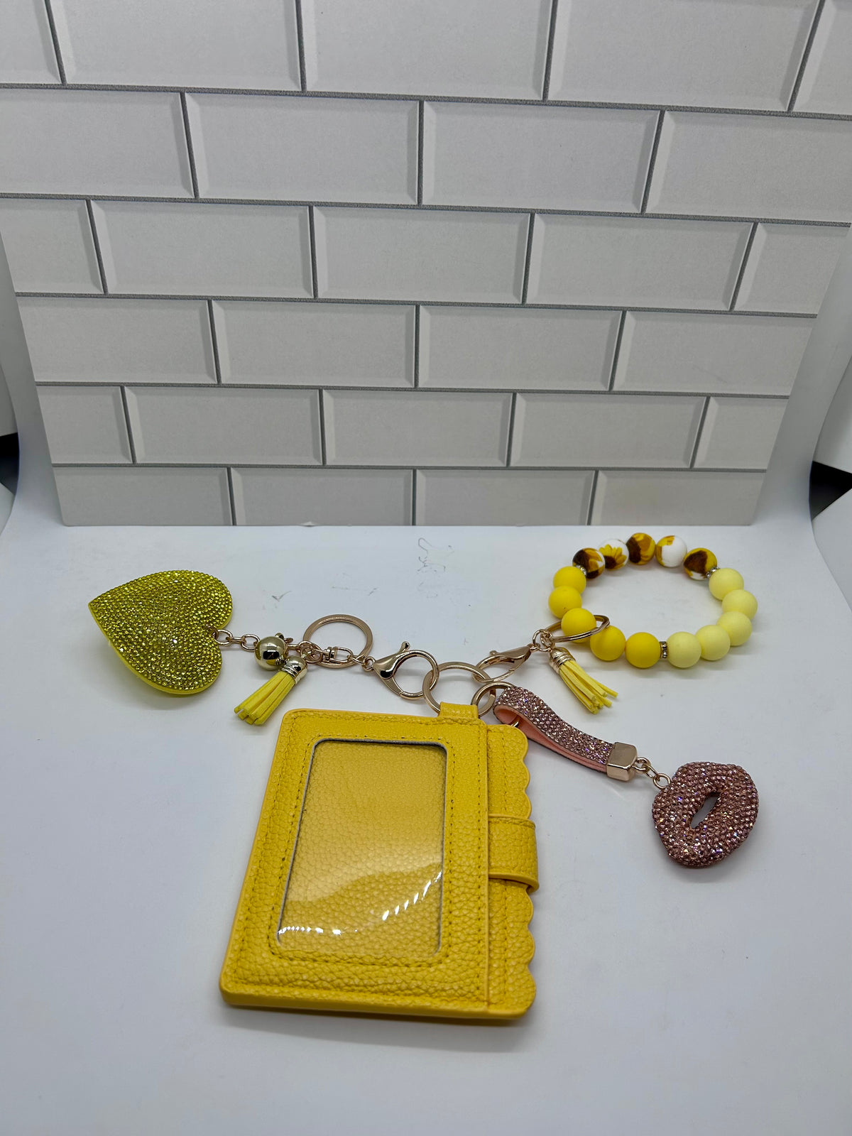 I.D. Wristlet Keychain Bundle-Yellow with Yellow Rhinestone Heart, Champagne Lip Charm, Silicone Bracelet