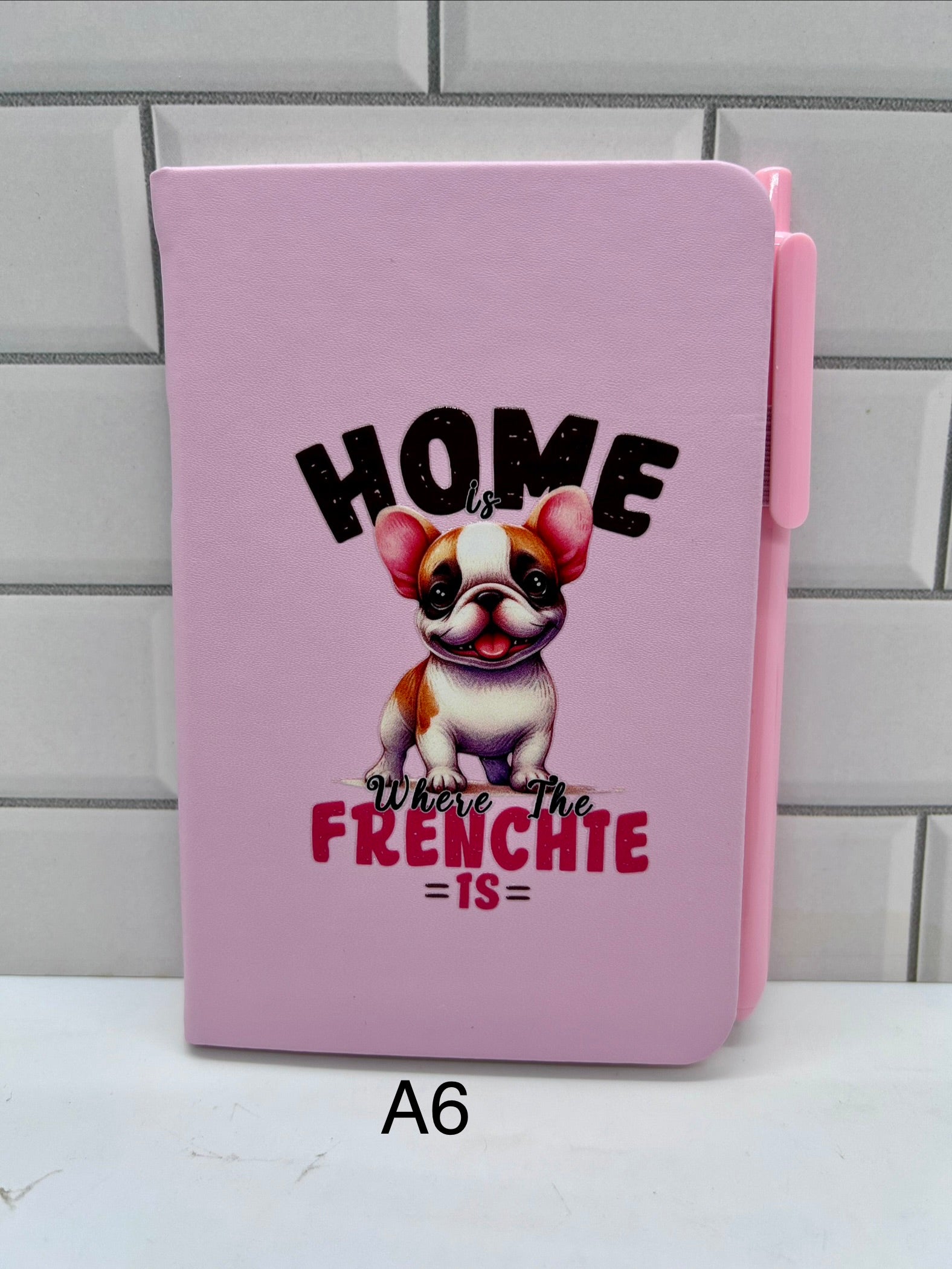 A6 Blank Lined Journal Featuring A Beautiful Frenchie Design-Pink
