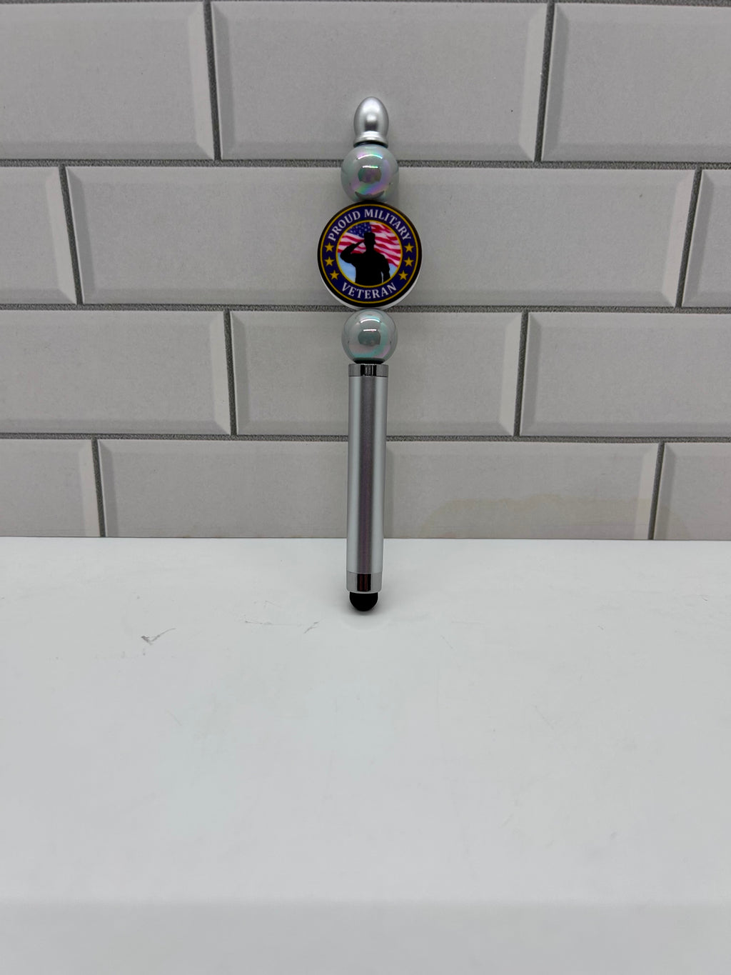 Beaded Stylus/Pen-Gray Acrylic with Veteran Silicone Focal