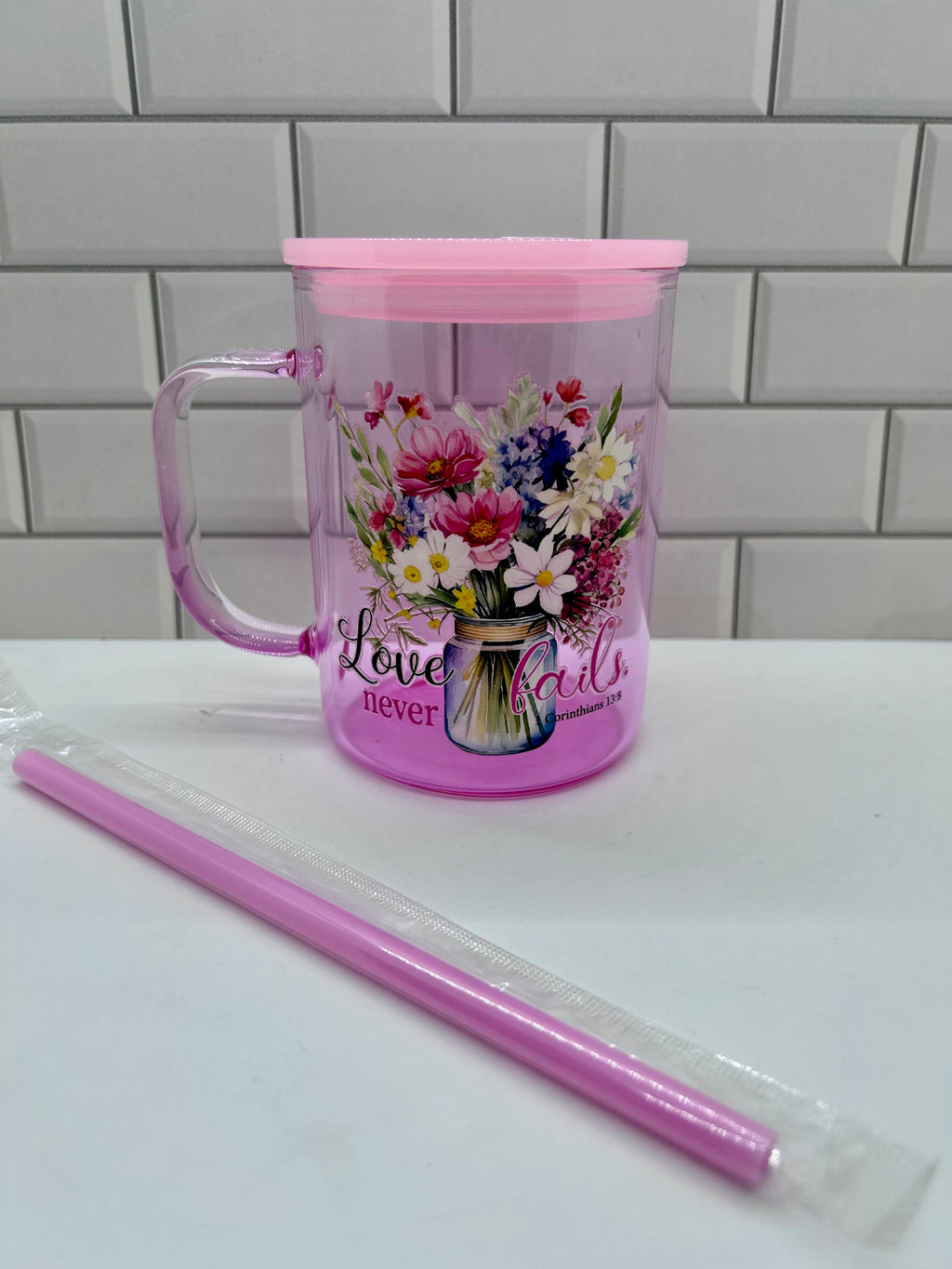 16 oz Ombre Glass Tumbler Mug, Pink with Scripture Theme