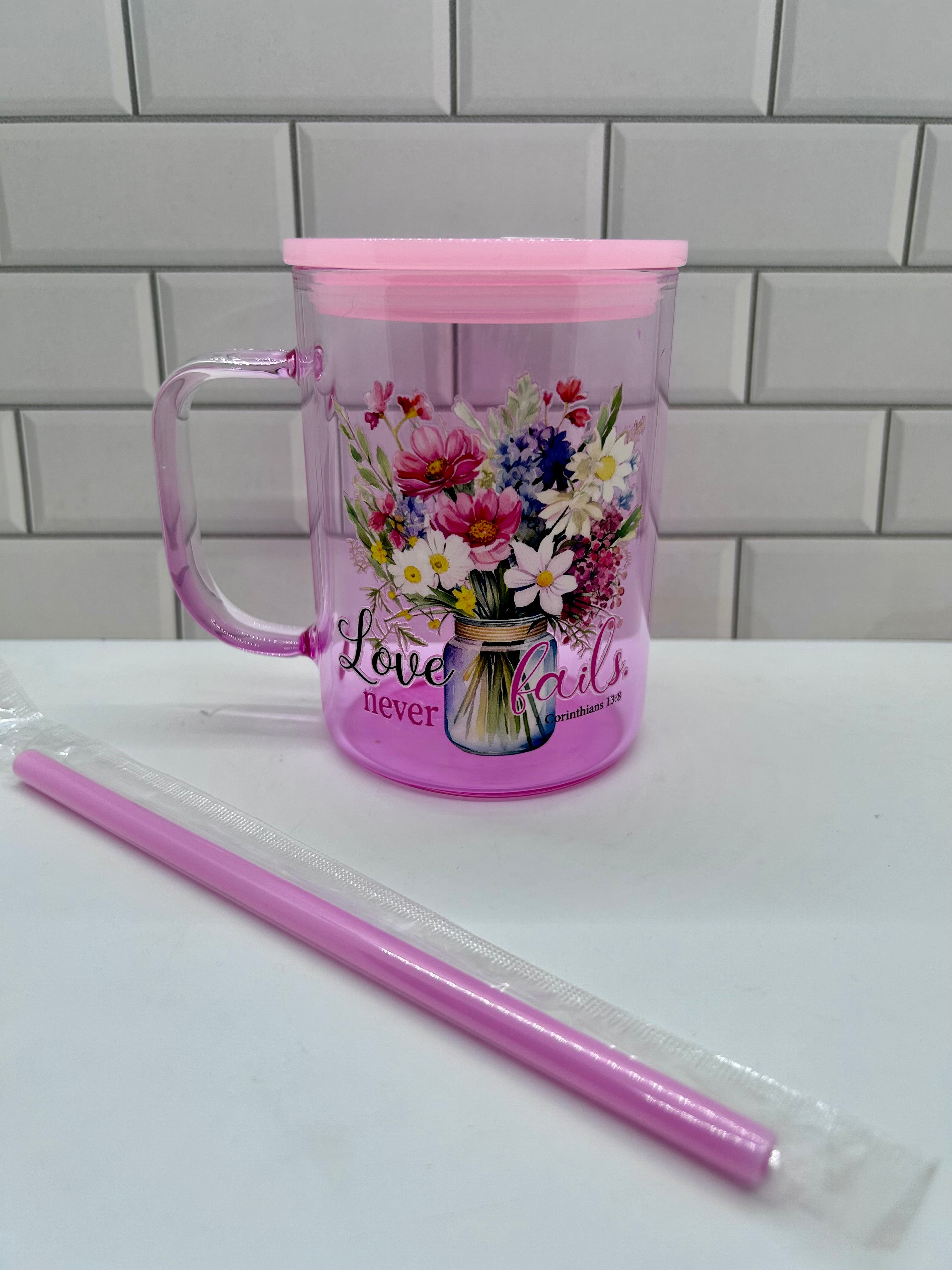 16 oz Ombre Glass Tumbler Mug, Pink with Scripture Theme
