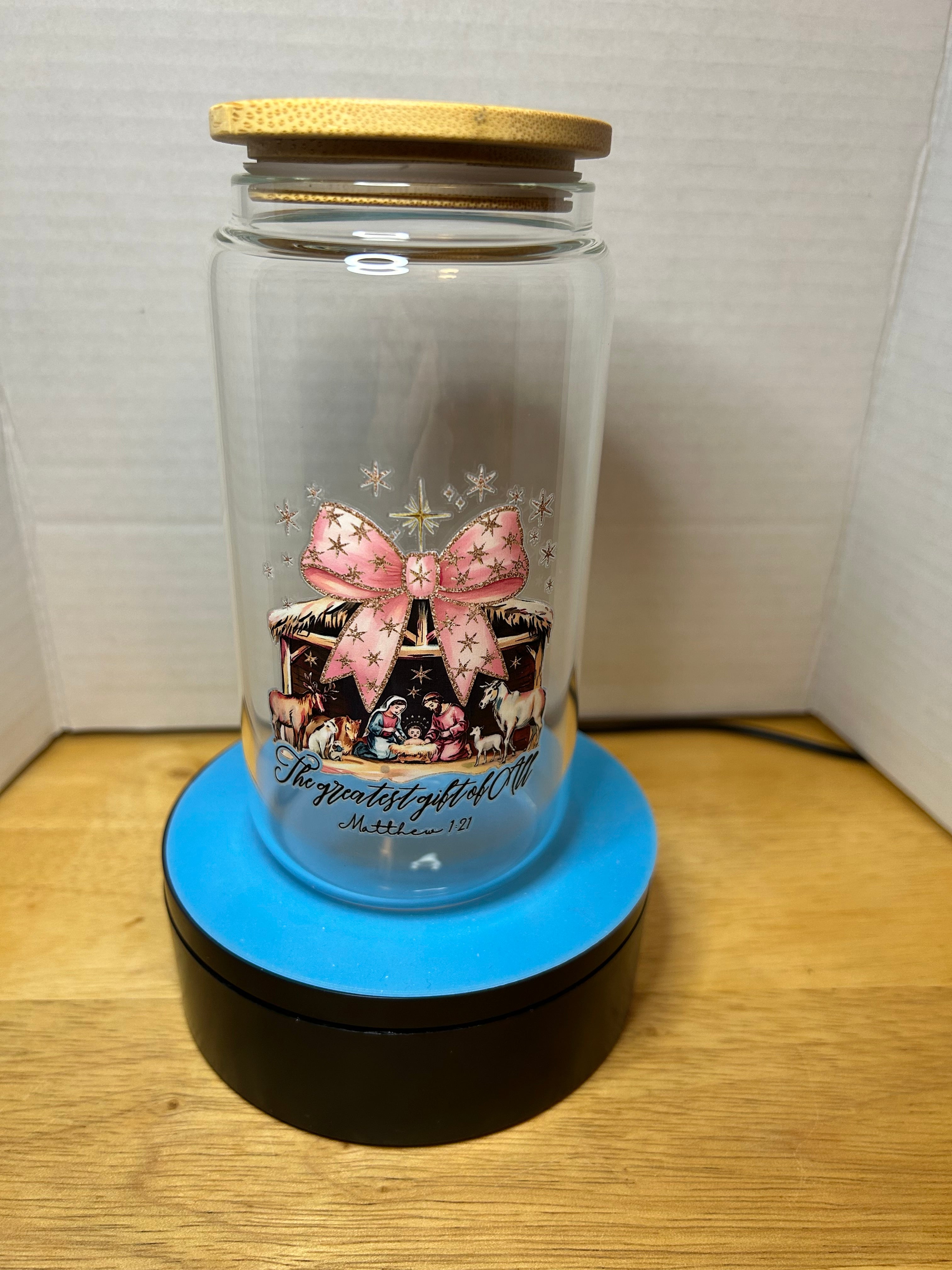16 oz Glass Tumbler with a bamboo lid featuring a Beautiful Design, comes with metal straw and cleaning brush