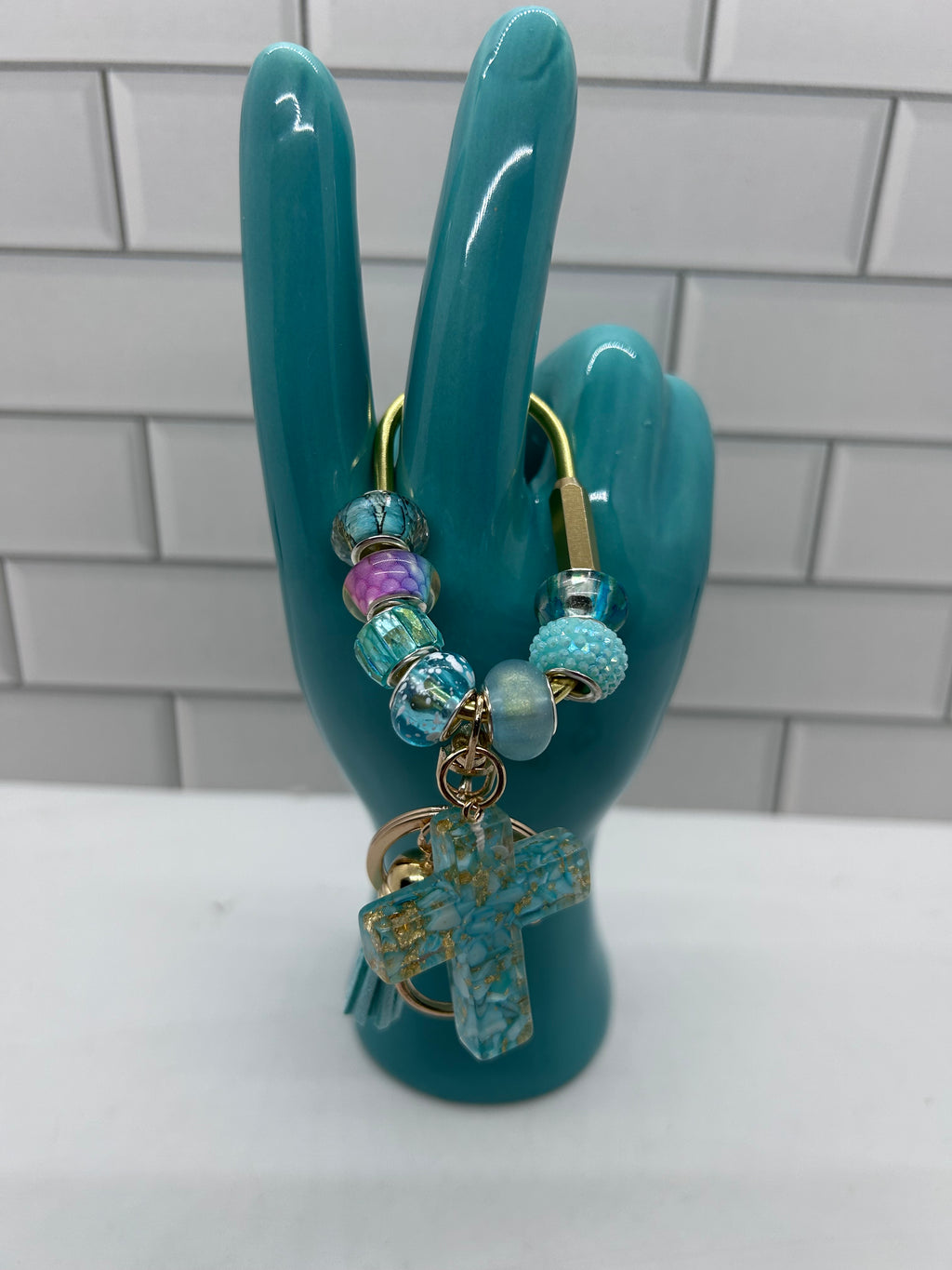 Gold Carabiner Beaded Bag Charms-Light Blue Acrylic Beads with Light Blue Cross Charm
