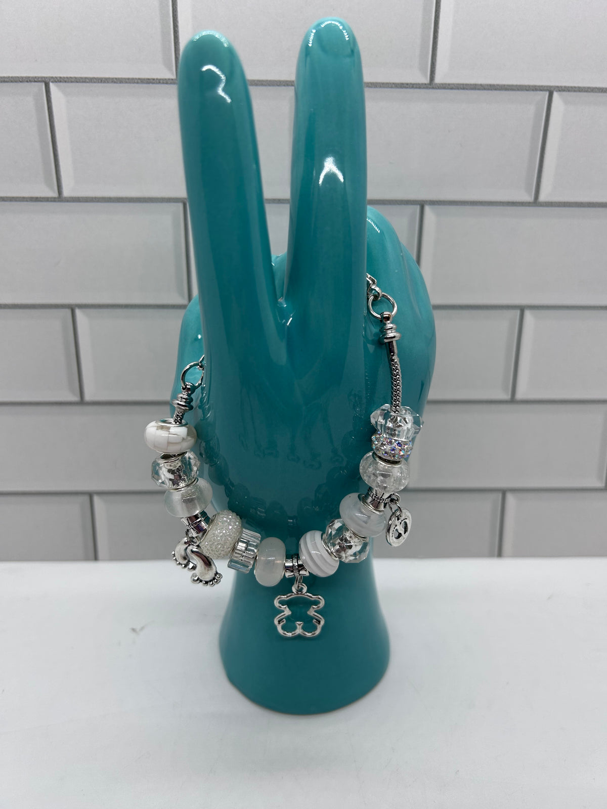 Beaded Silver Bracelet-White Acrylic Beads & Spacers with Silver Baby Footprint and Bear Charms