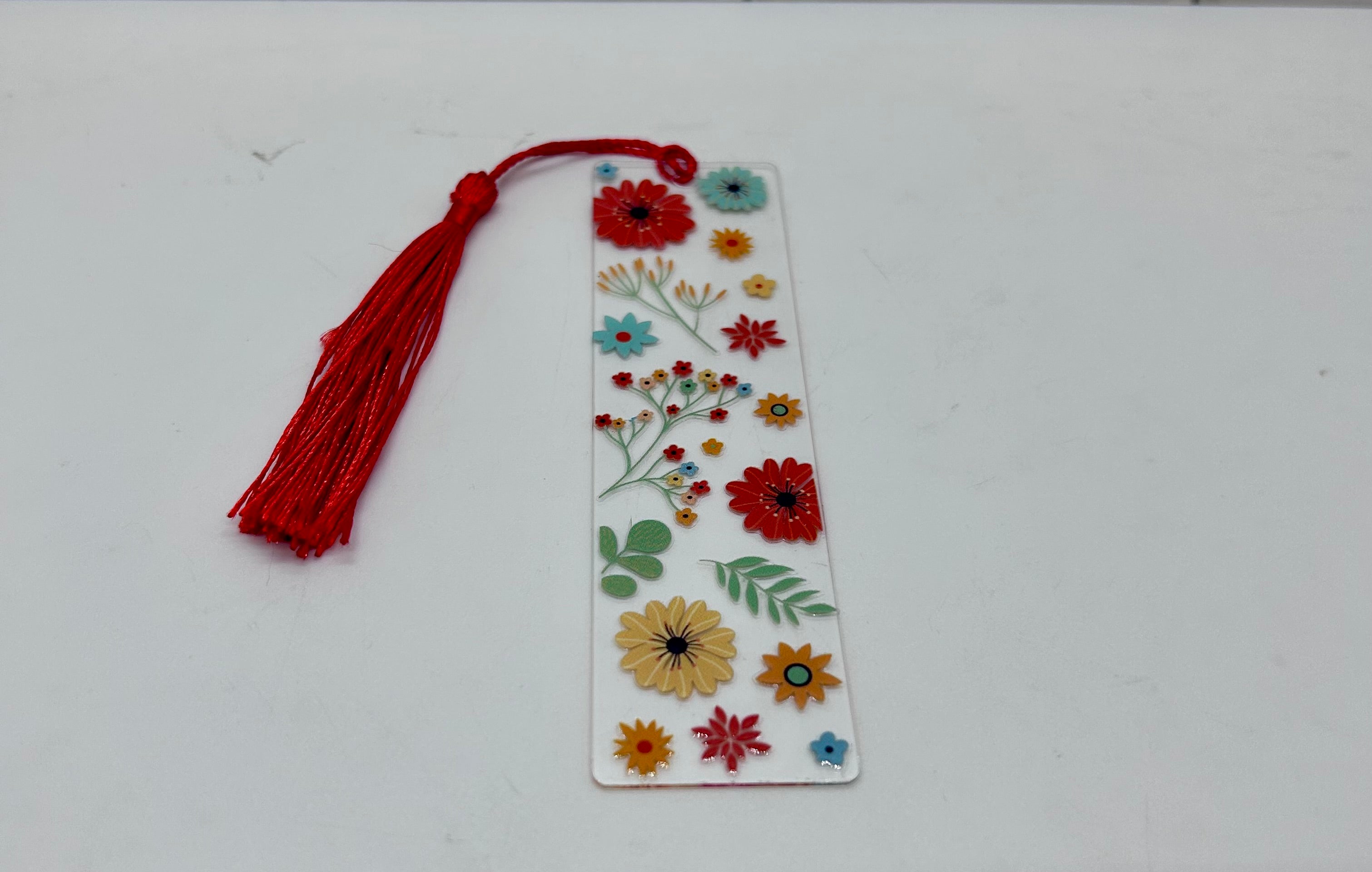 Acrylic Bookmark with Red Colored Tassel, Floral Theme