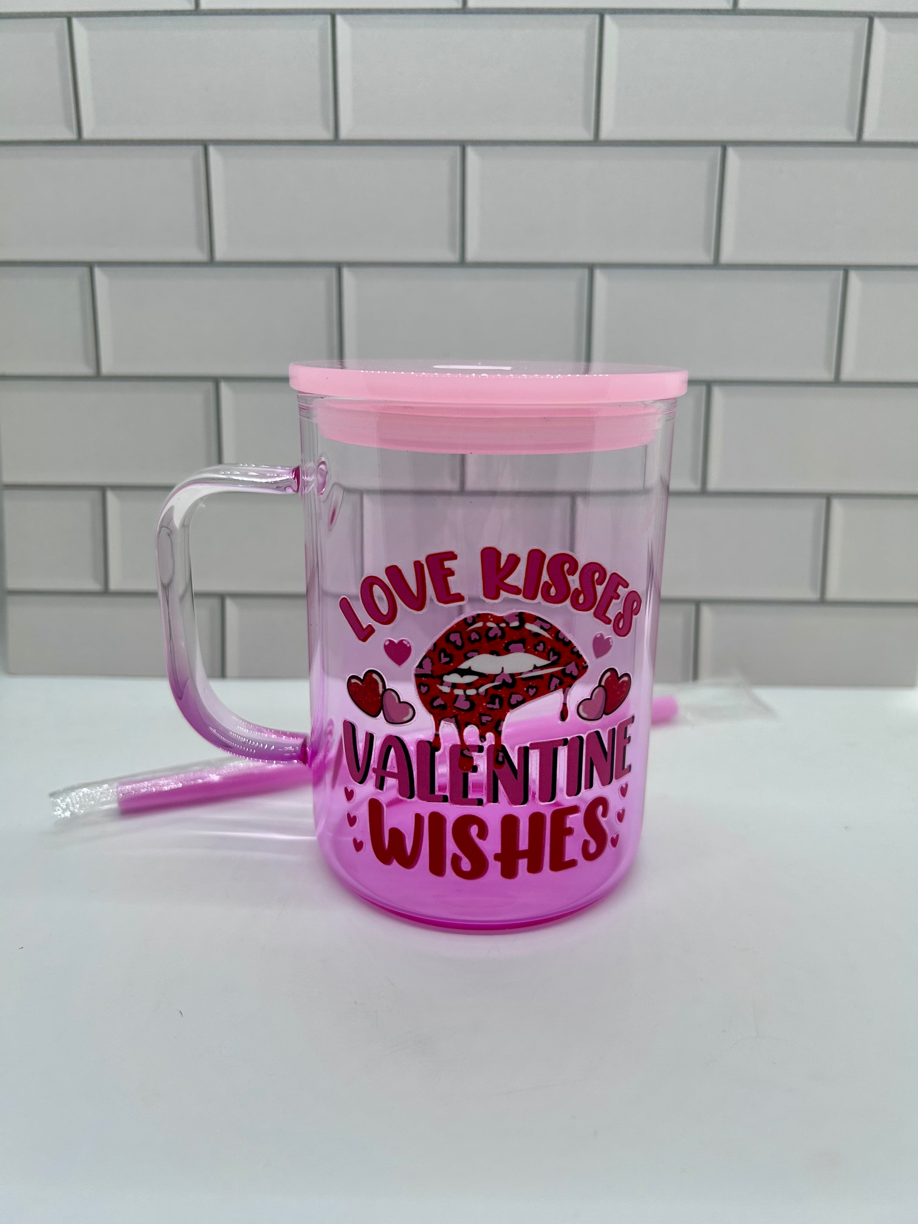 Mug en verre dégradé de 47 cl, rose clair avec thème Saint-Valentin