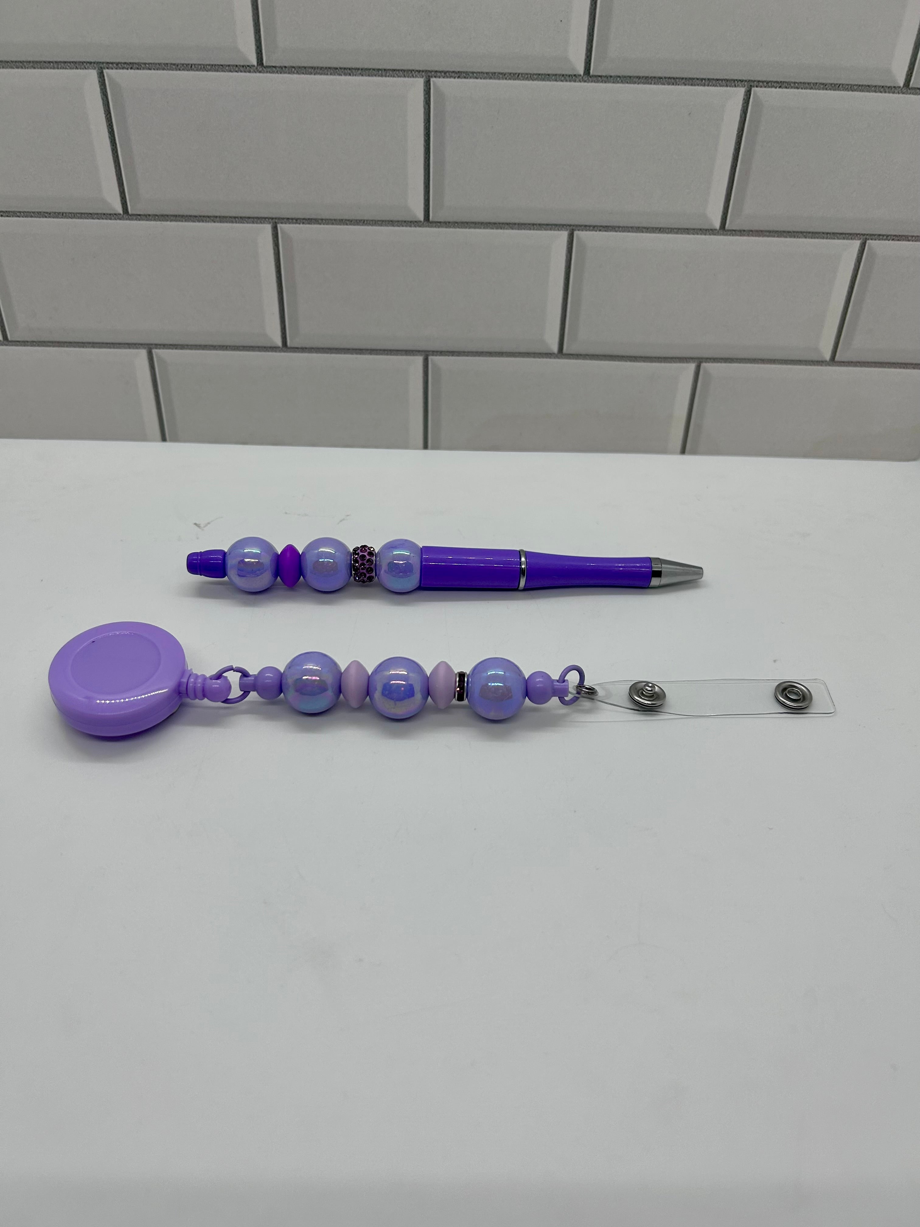 Beaded Badge Reel with Matching Beaded Pen-Purple