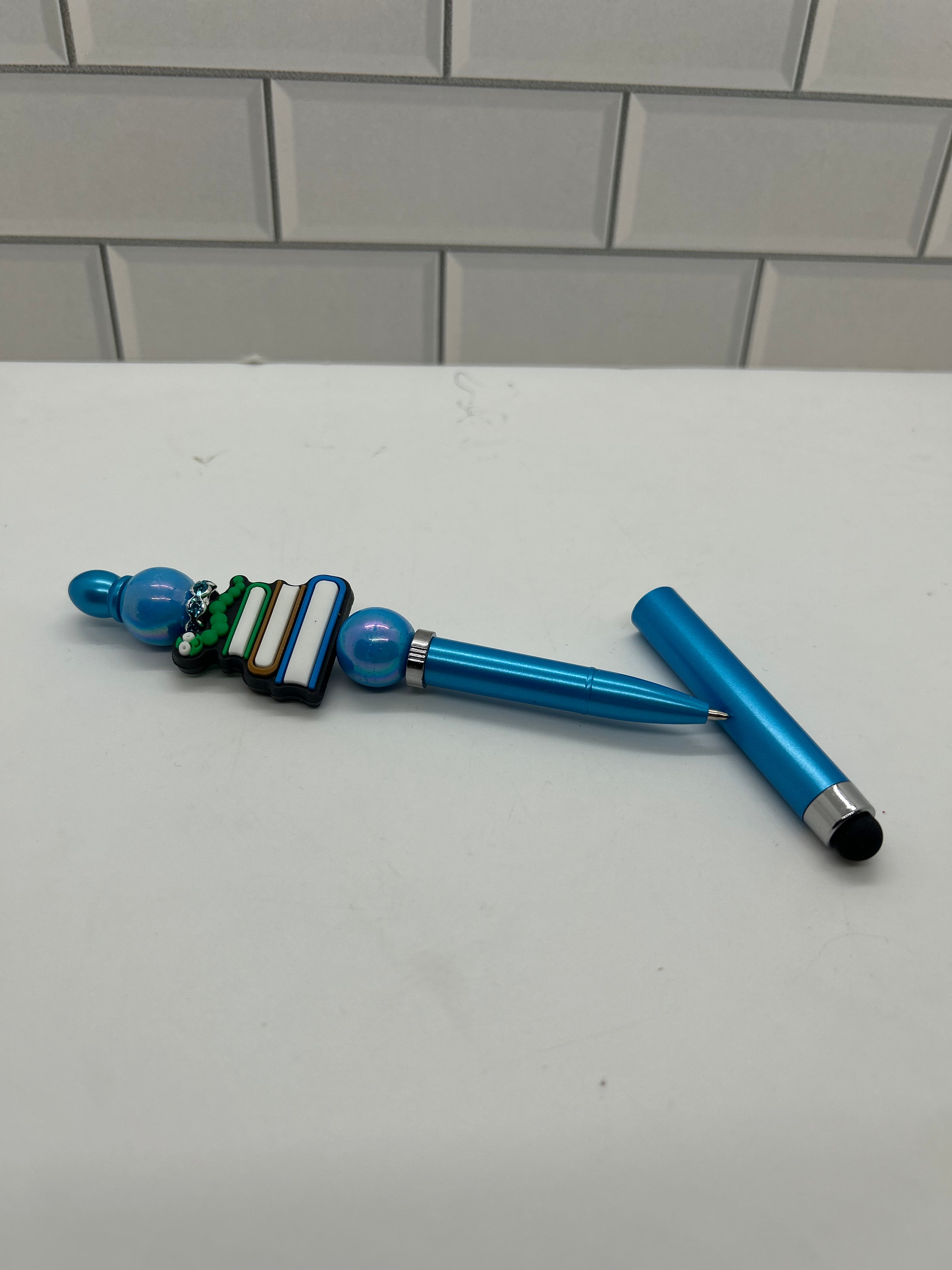 Beaded Blue Pen/Stylus Combo With Back to School Theme