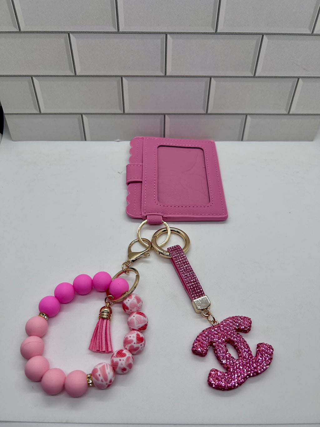 I.D. Wristlet Keychain Bundle-Pink with Pink CC Charm