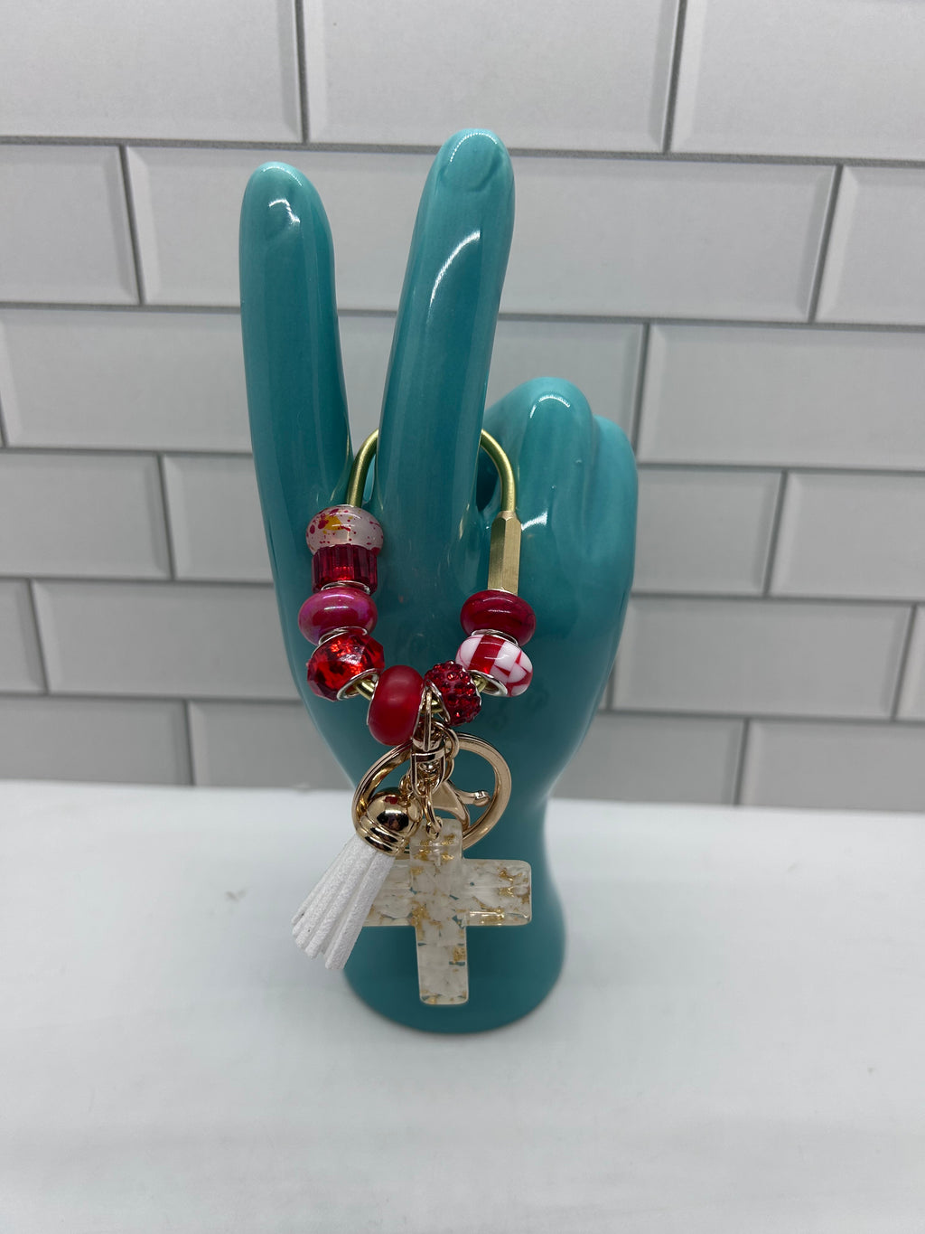 Gold Carabiner Beaded Bag Charms-Red  Acrylic Beads with White Cross Charm