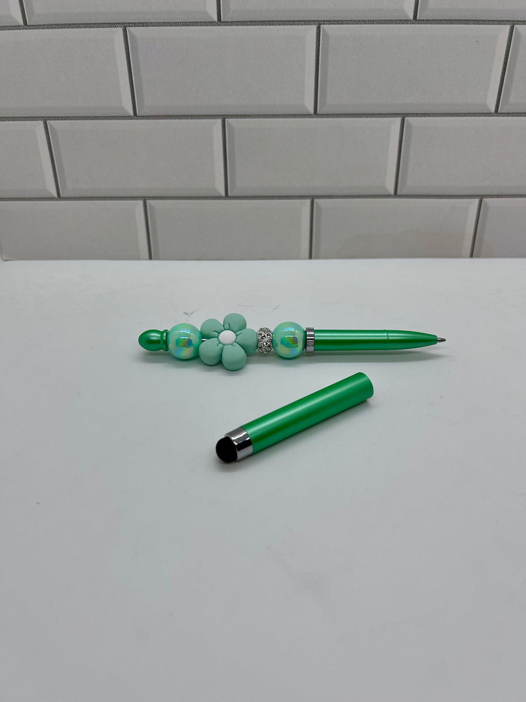 Beaded Stylus/Pen-Green Acrylic and Silicone with Floral Focal