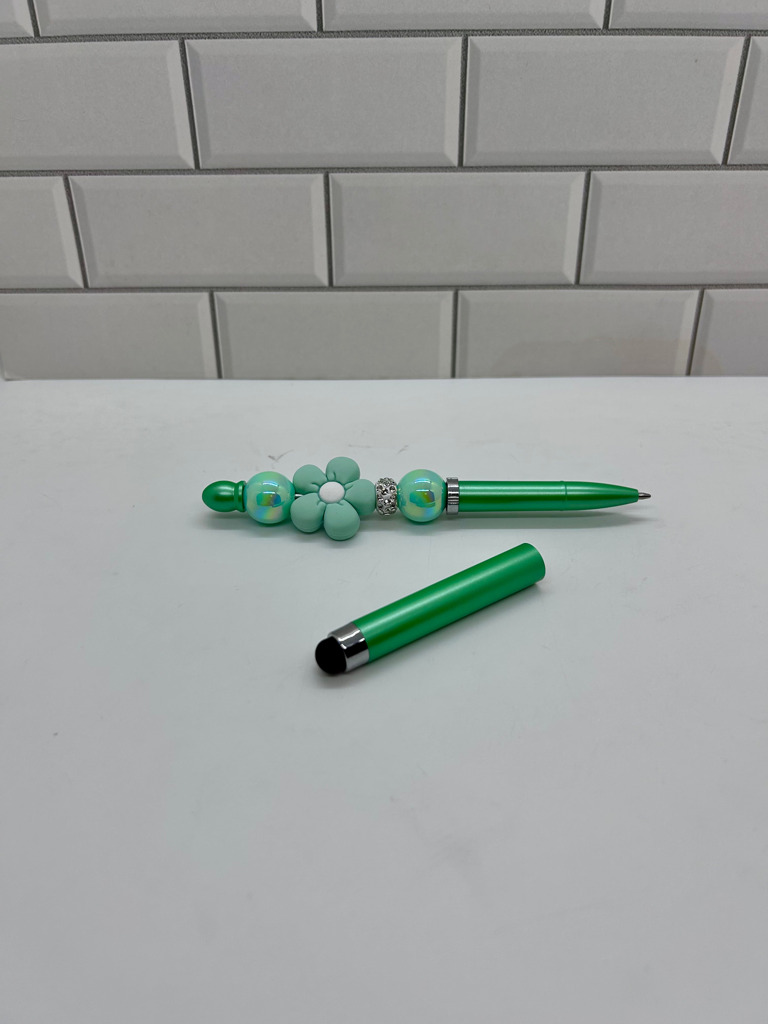Beaded Stylus/Pen-Green Acrylic and Silicone with Floral Focal