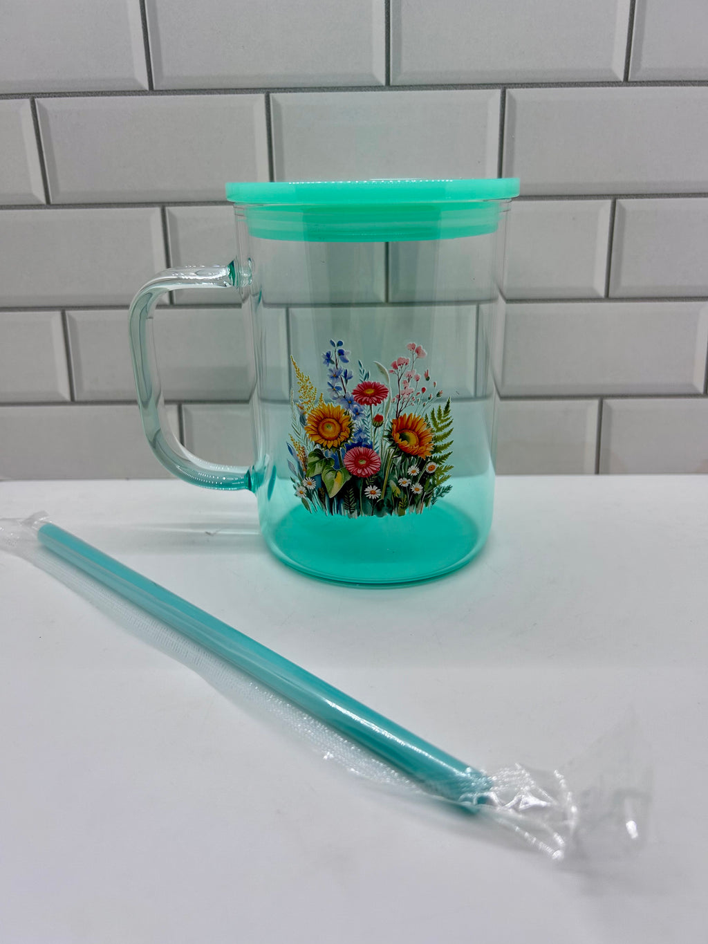 Mug en verre ombré 16 oz, vert à motif floral