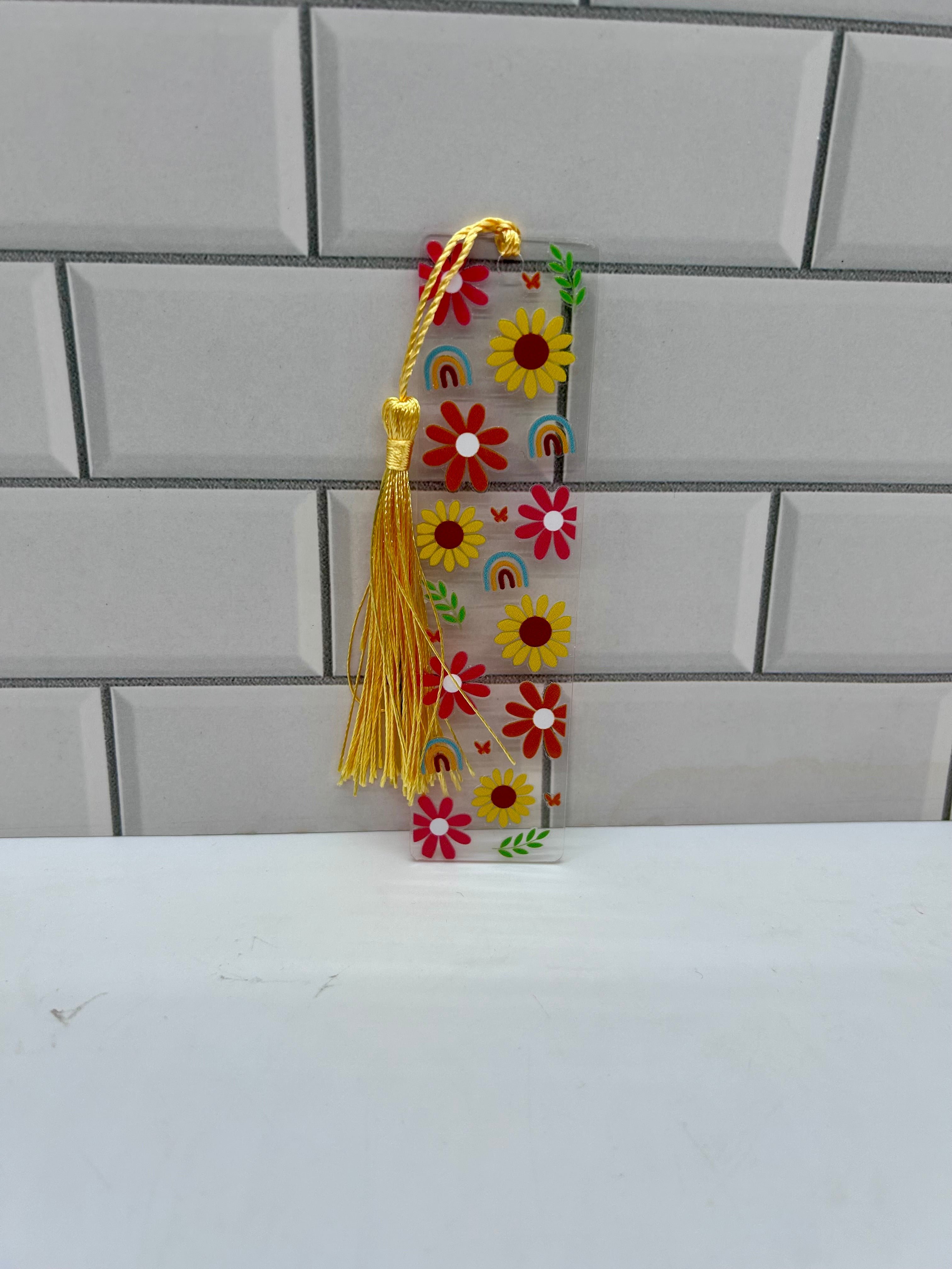 Acrylic Bookmark with Yellow/ Gold Colored Tassel, Floral Theme