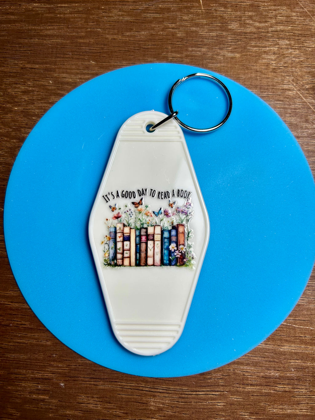 Retro Style Motel Keychain with a Bookish Theme