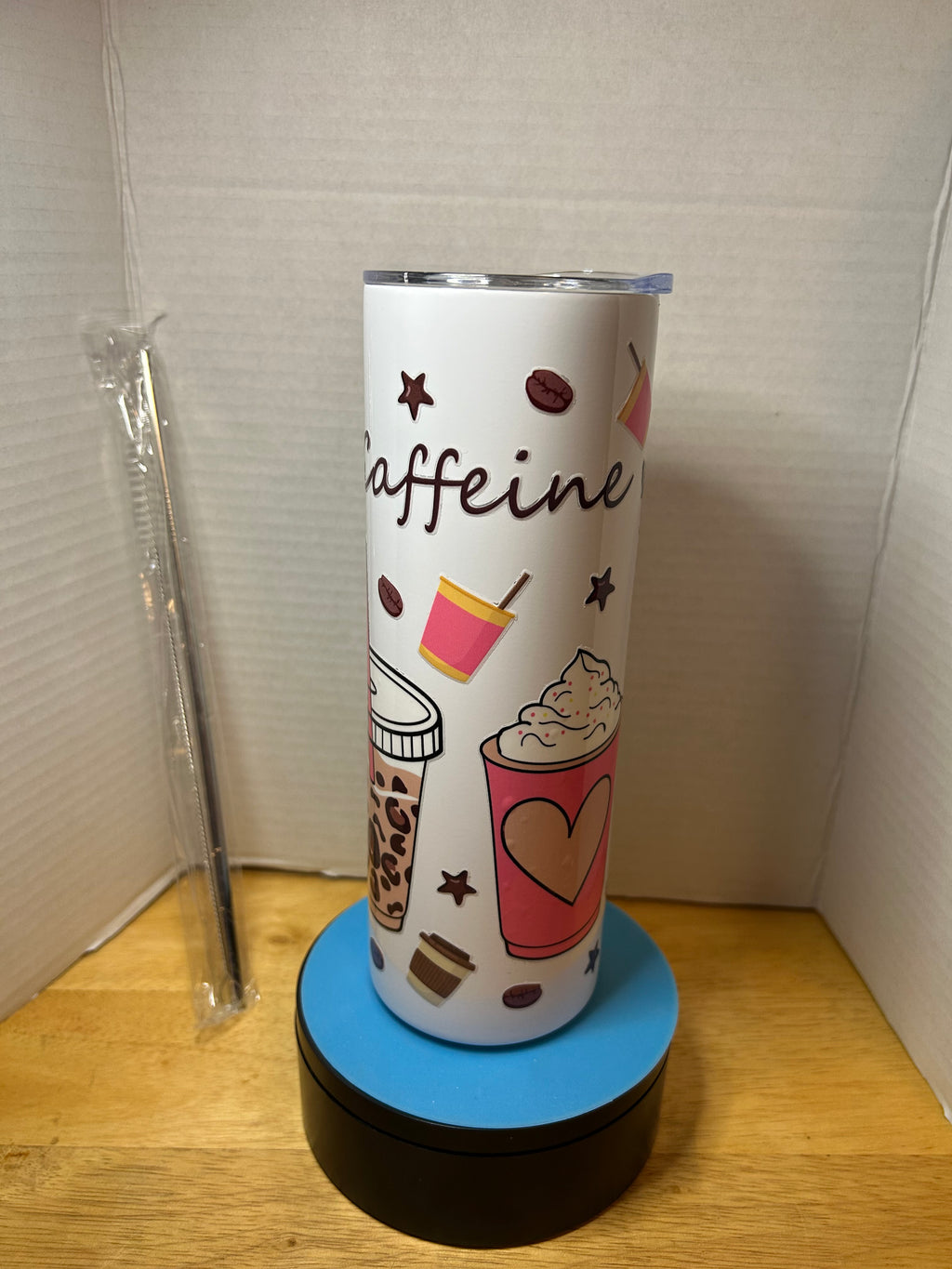 20 ounce Skinny Metal Tumbler With Metal Straw Featuring A Beautiful Coffee Inspired Design