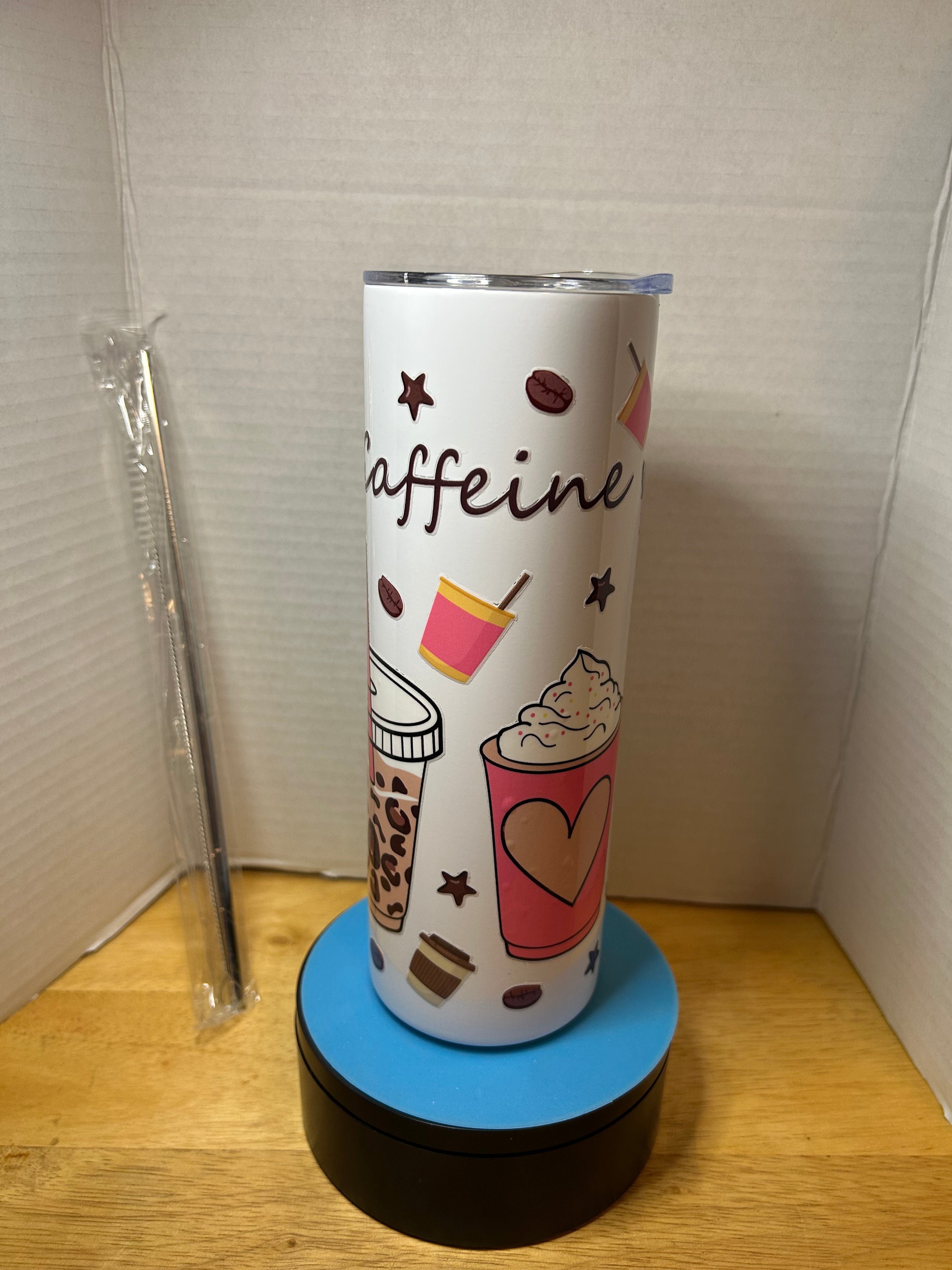 20 ounce Skinny Metal Tumbler With Metal Straw Featuring A Beautiful Coffee Inspired Design