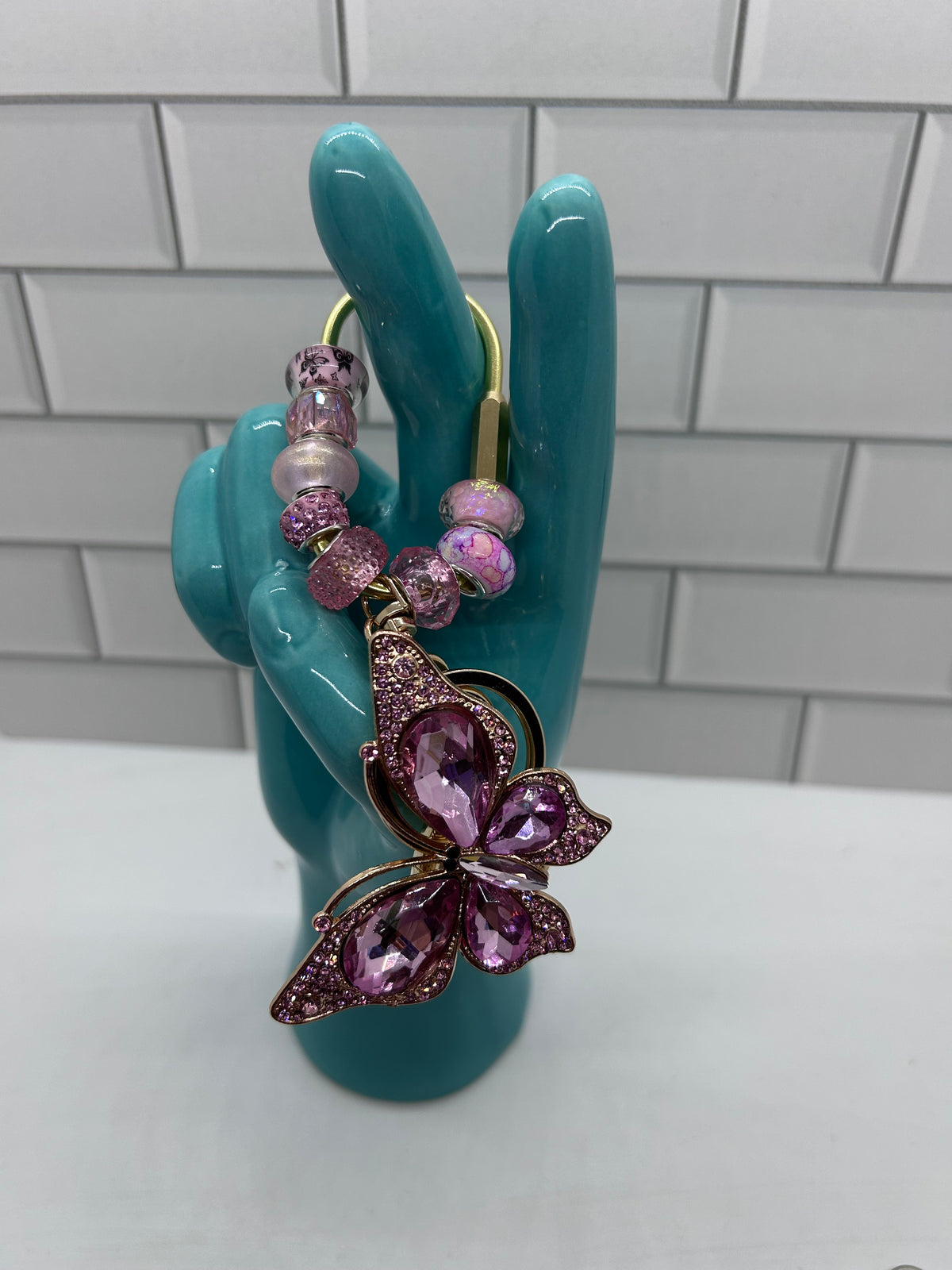 Gold Carabiner Beaded Bag Charms-Pink Acrylic Beads with Pink Rhinestone Butterfly Charm