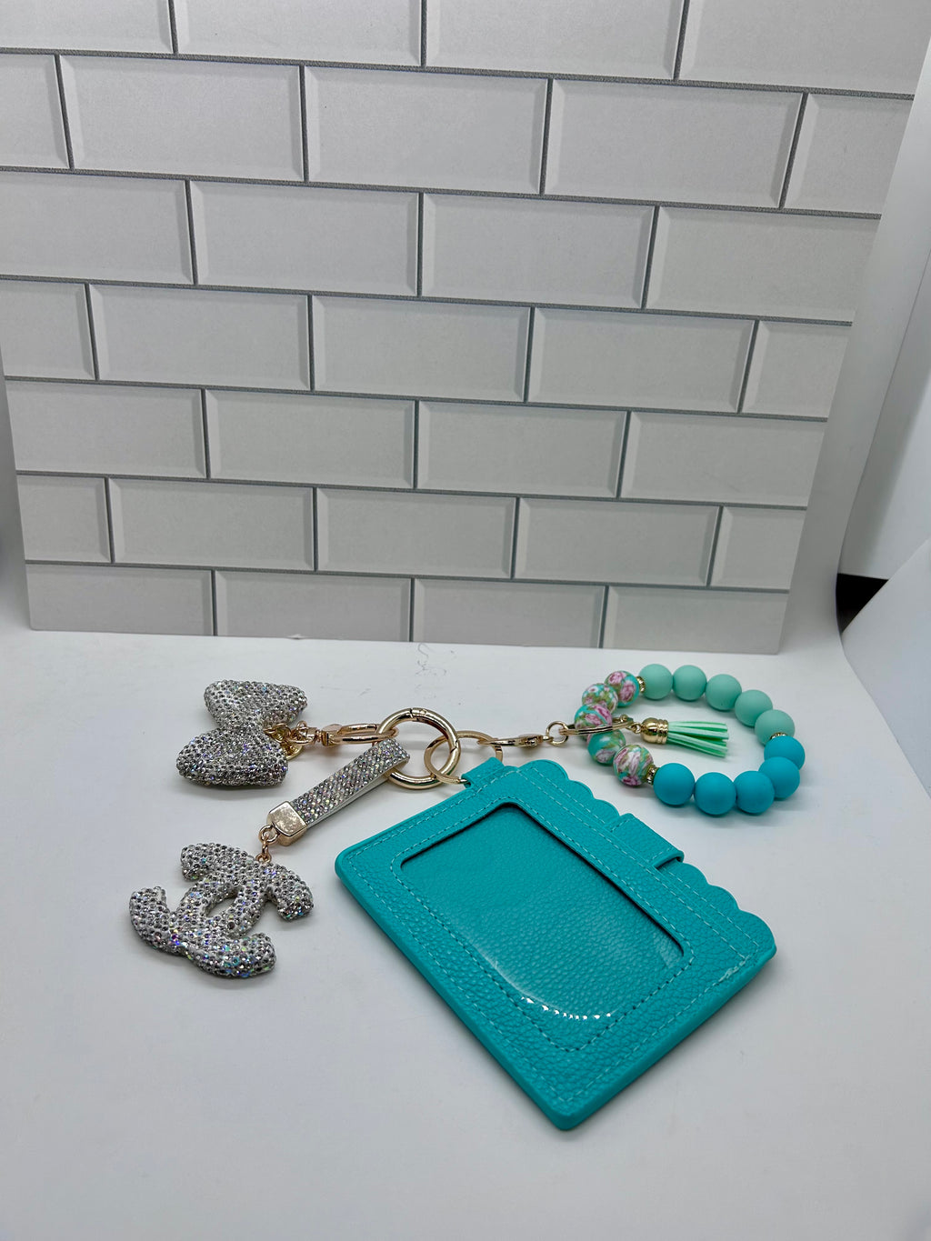 I.D. Wristlet Keychain Bundle-Teal with White Cc Charm, White Bow Charm, Silicone Bracelet