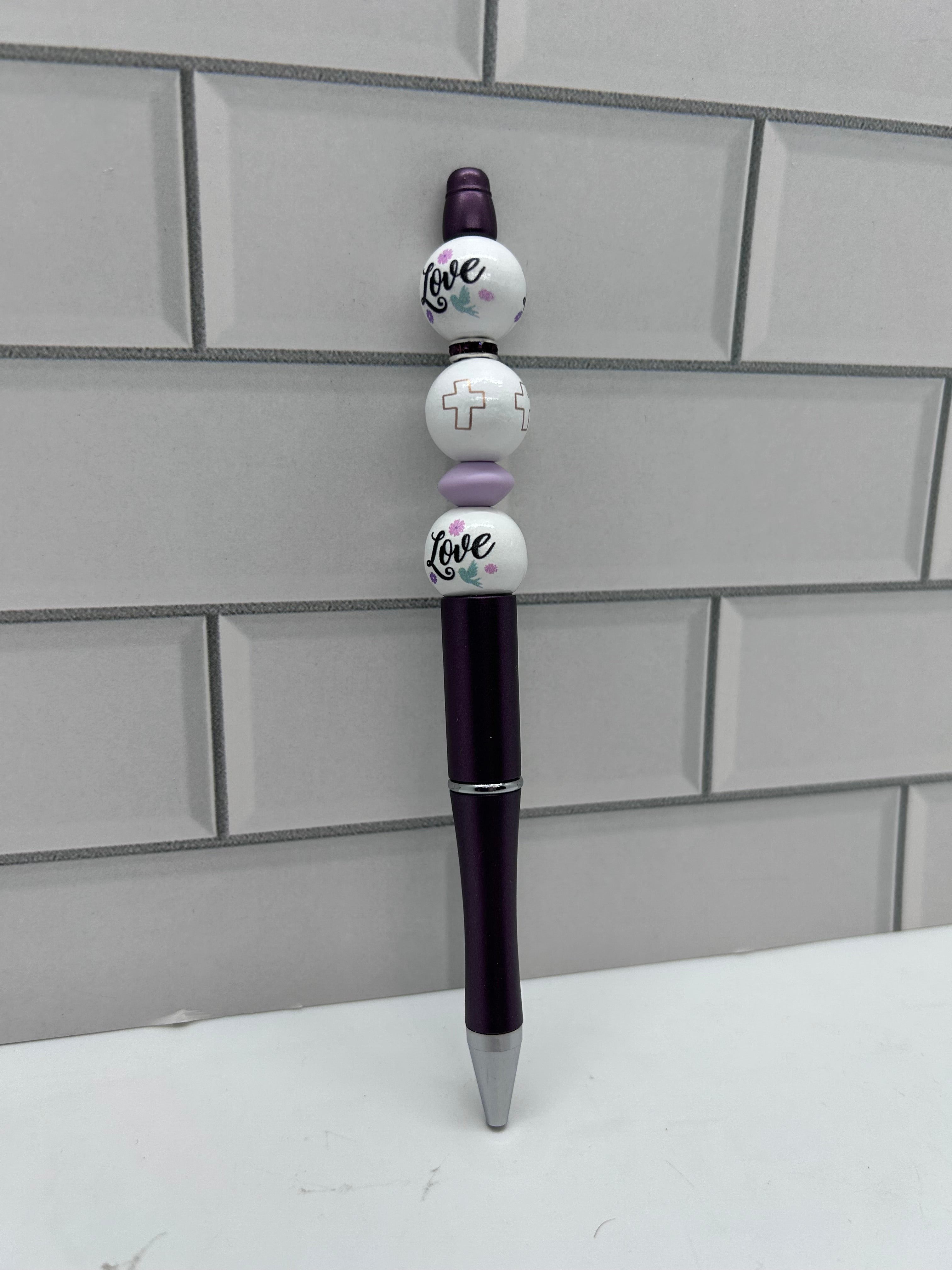 Beaded Ballpoint Pen, Dark Purple with Inspiration Theme