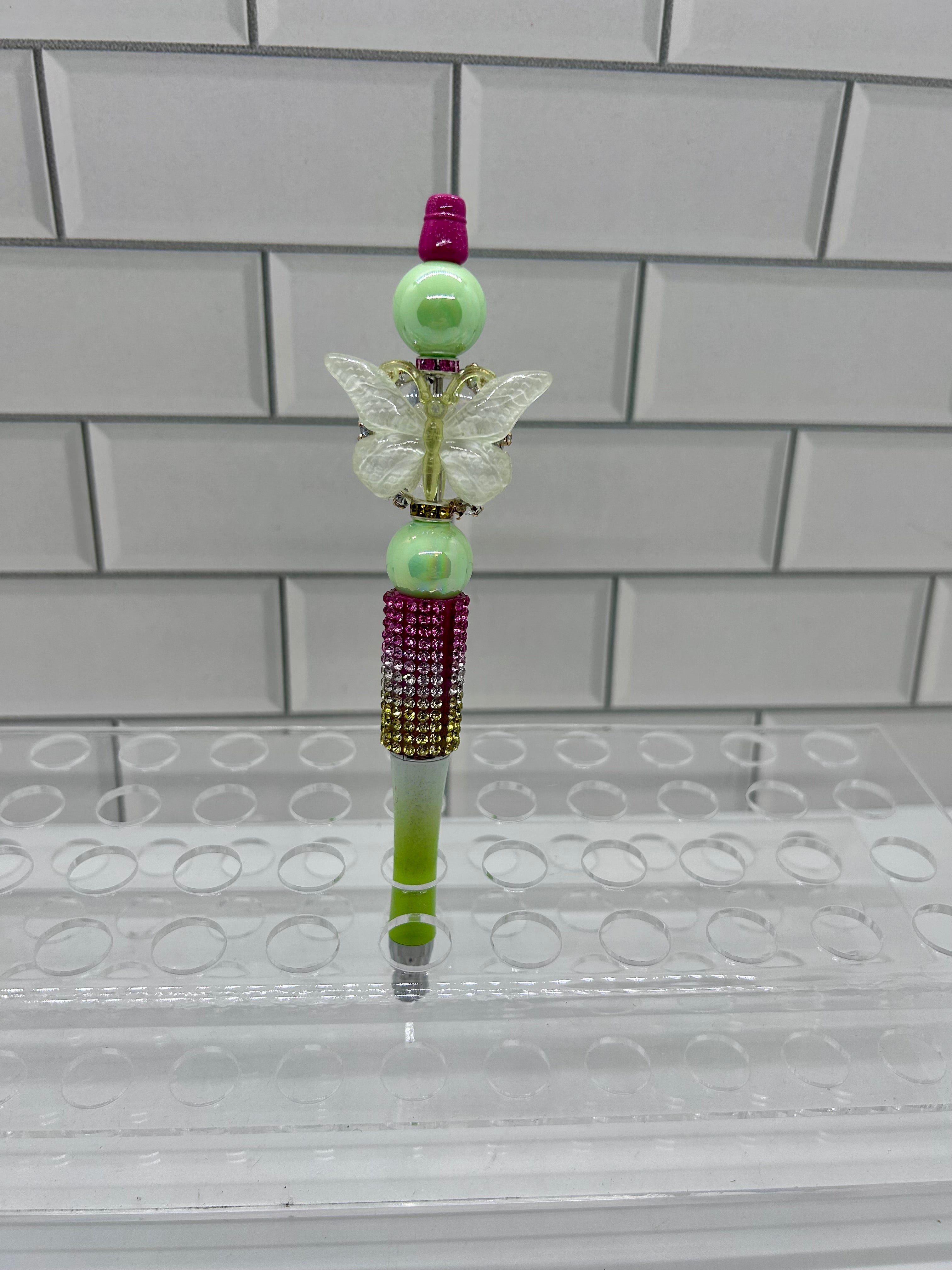 Beaded Ballpoint Pens-Ombre Green and Pink w/Butterfly
