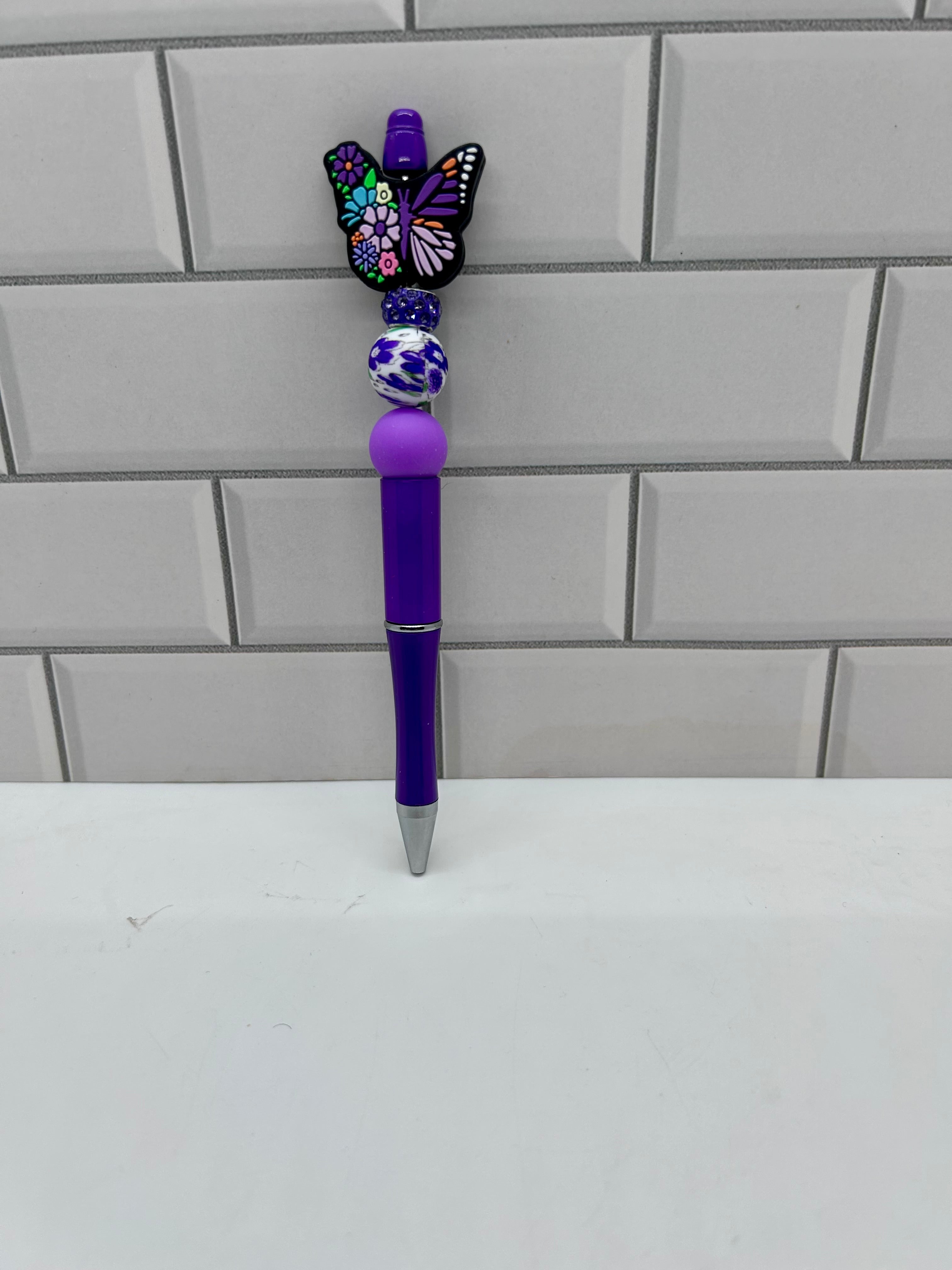 Beaded Ballpoint Pen-Purple Silicone with Butterfly Theme Focal
