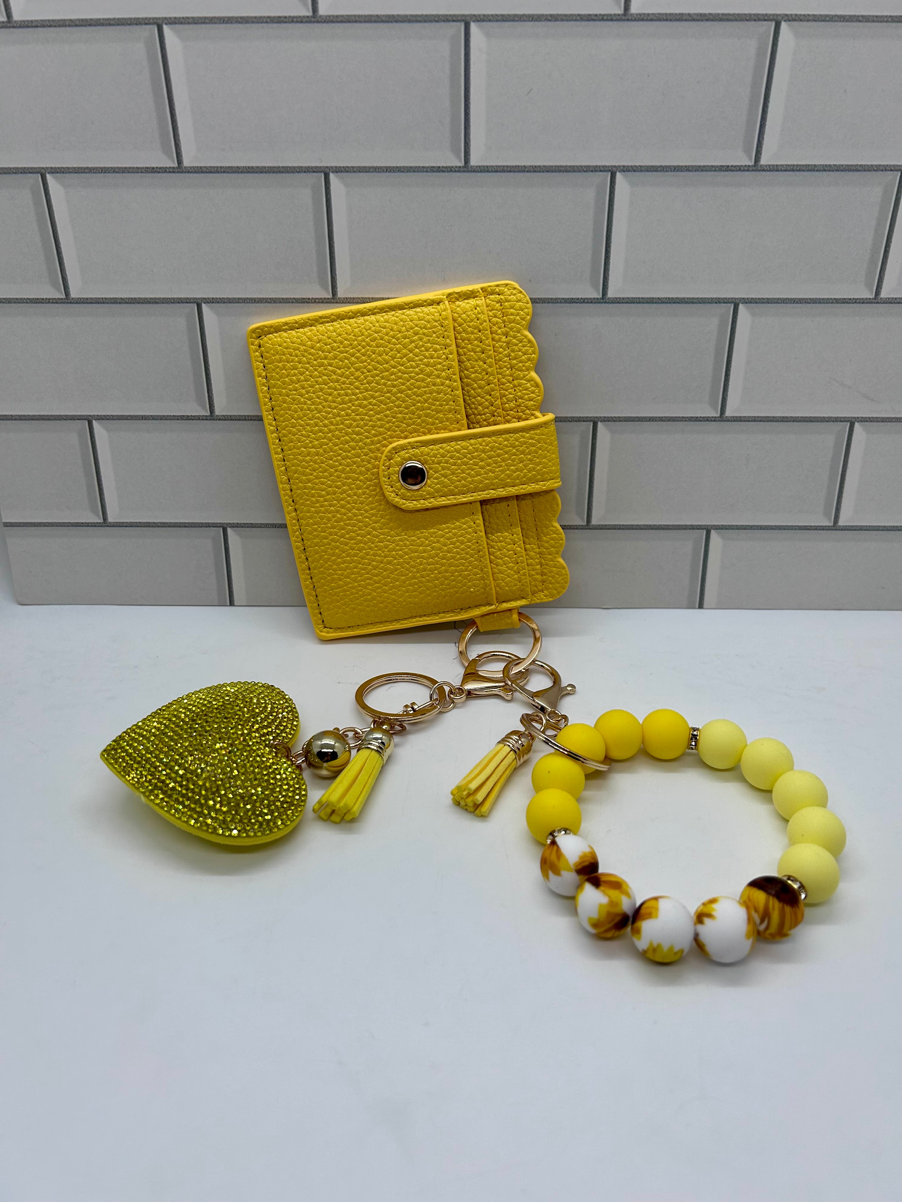 I.D. Wristlet Keychain Bundle-Yellow with Rhinestone Heart