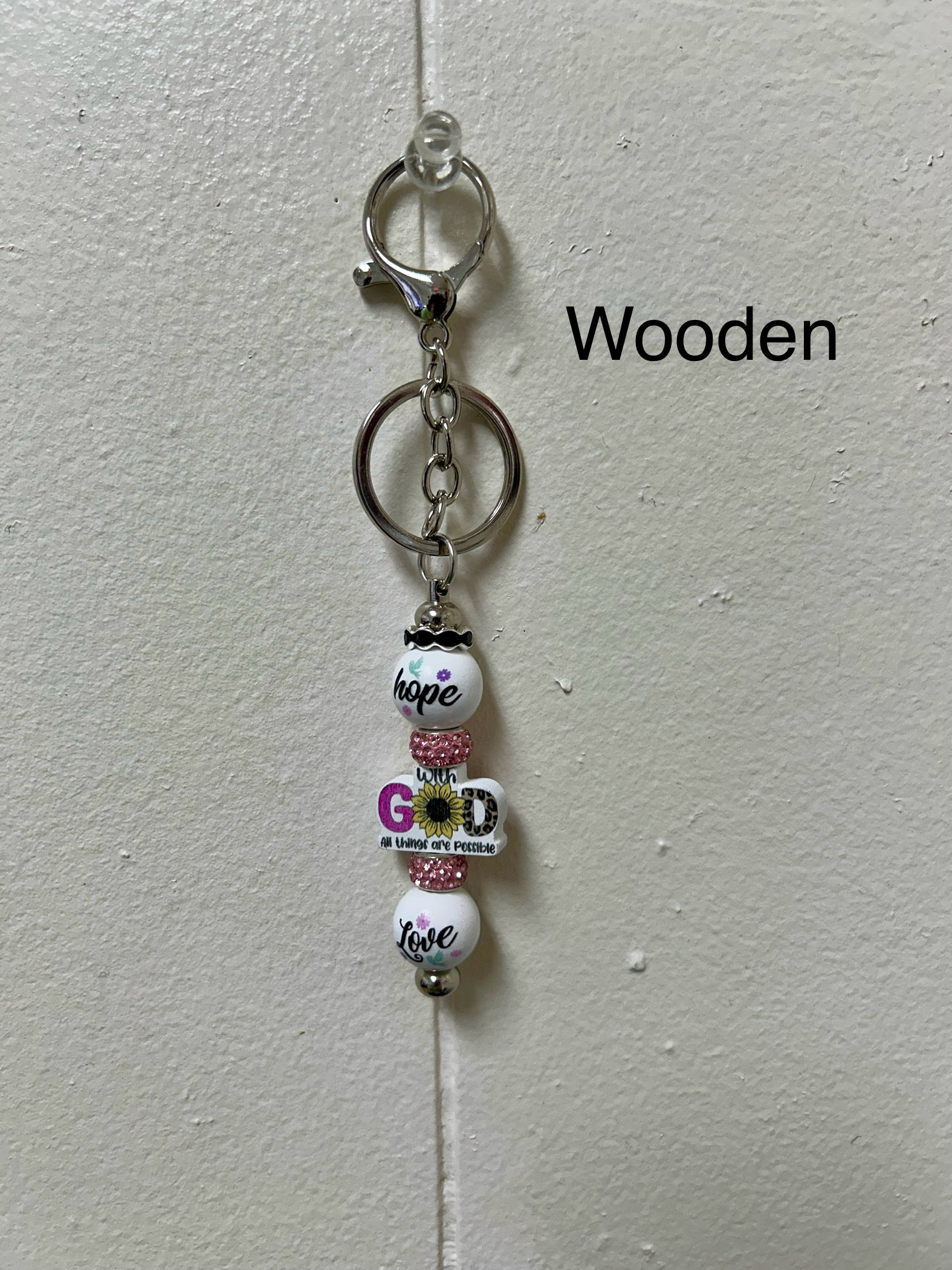 Wooden  Beaded Keychain with Christian Focal