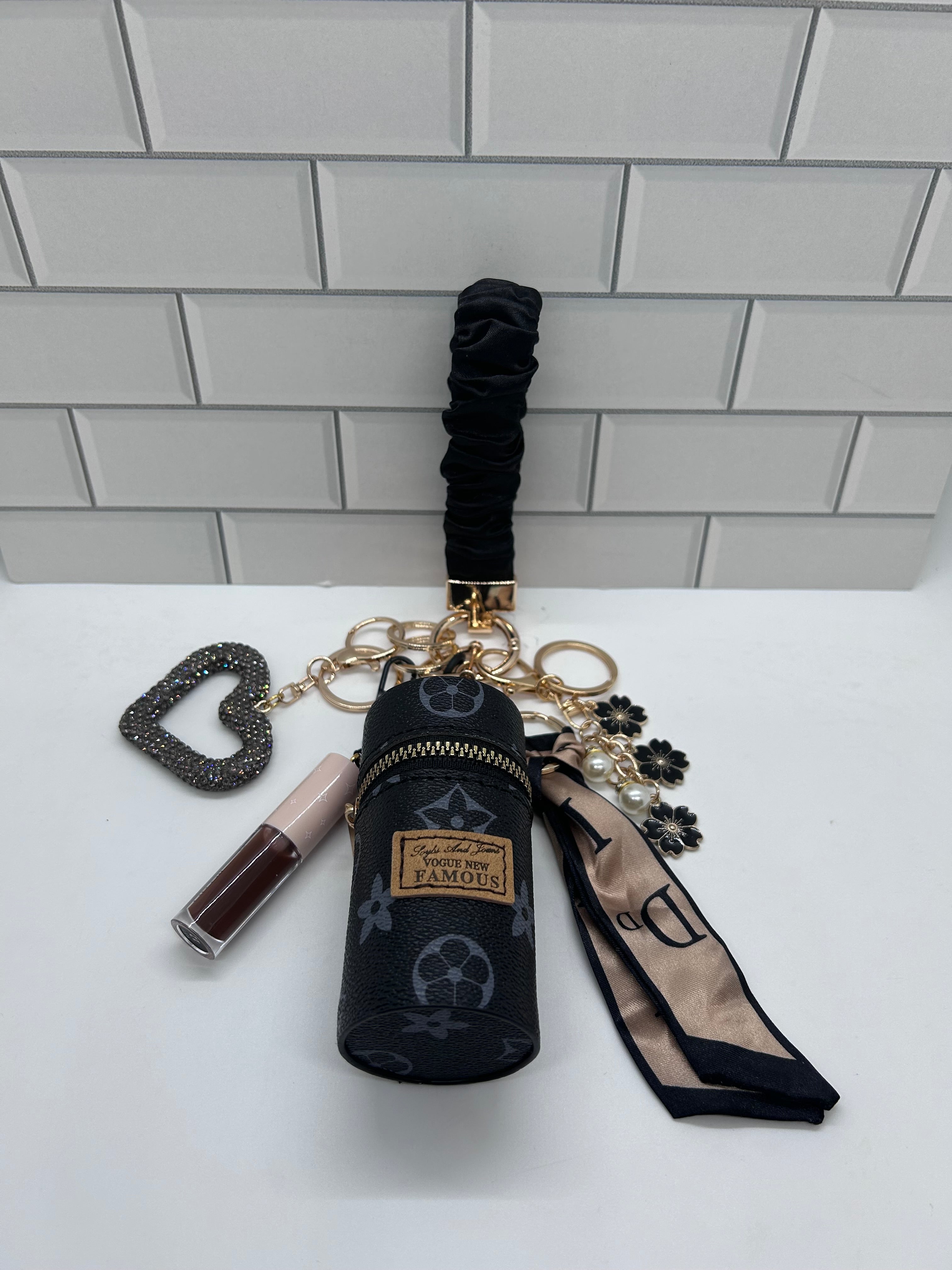 Wristlet Black Scrunchie Keychain Bundle-Wristlet, Cylinder, Heart, Lipglosses Varies, Flowers