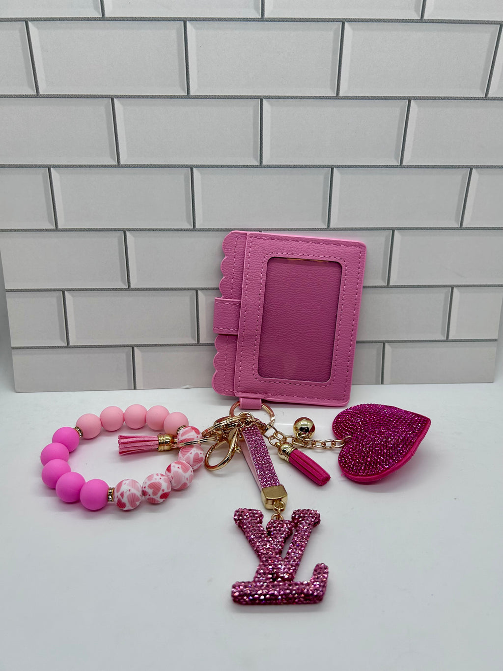 I.D. Wristlet Keychain Bundle-Pink with Pink LV Charm, Pink Heart, Silicone Bracelet